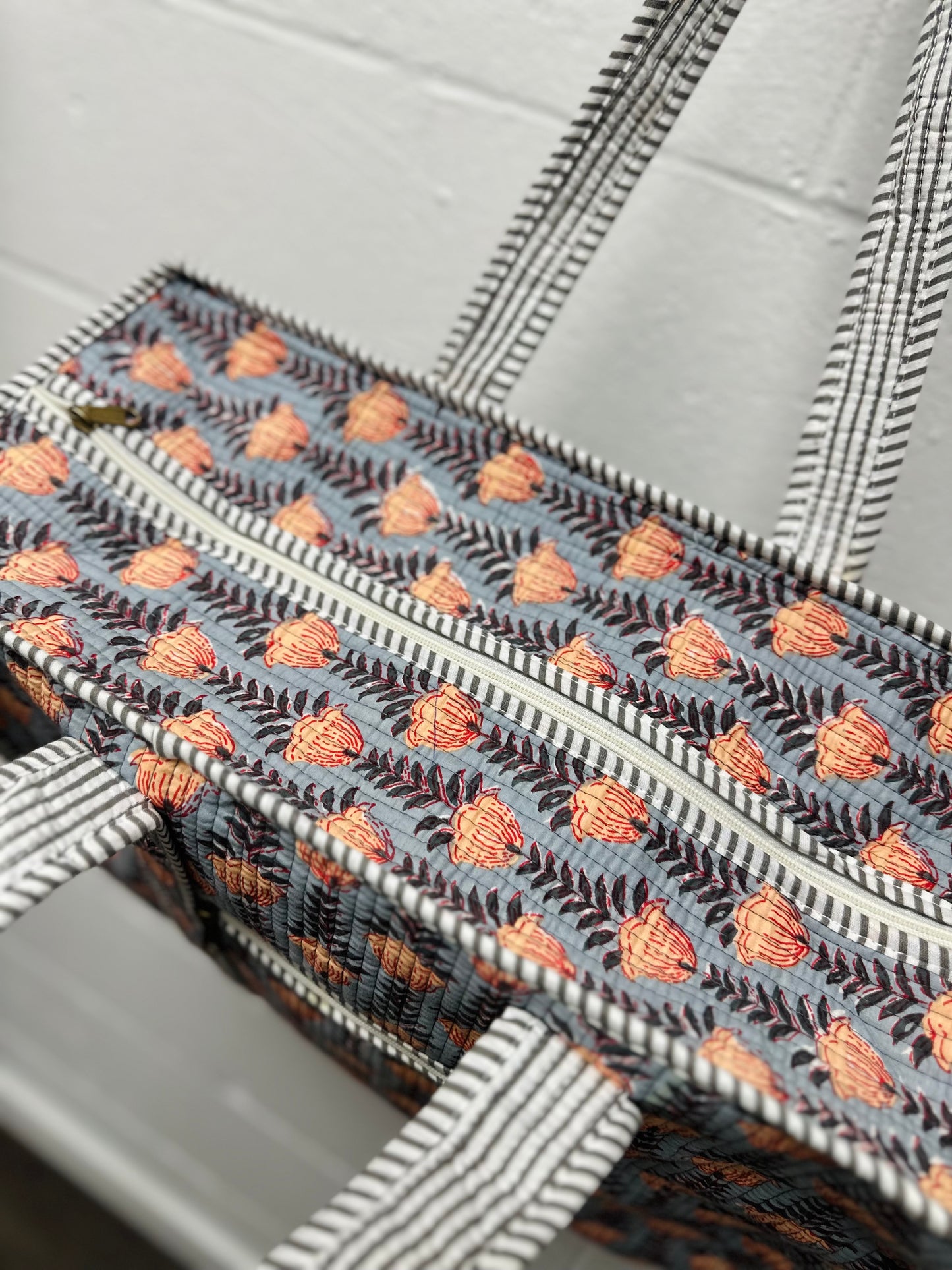 The Gray & Orange Floral Quilted Tote Bag
