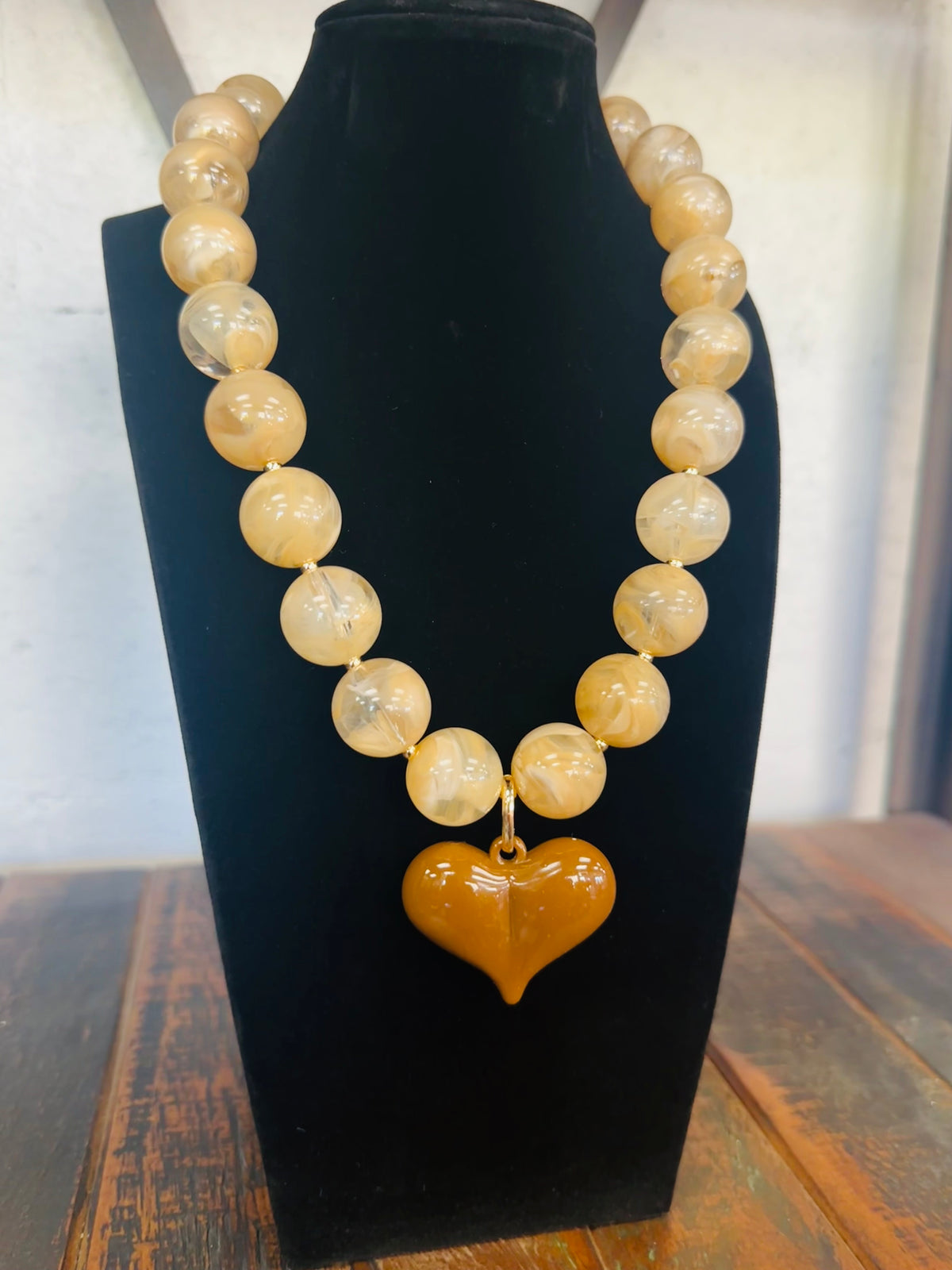 Brown + Beige Puffy Heart Marble Necklace