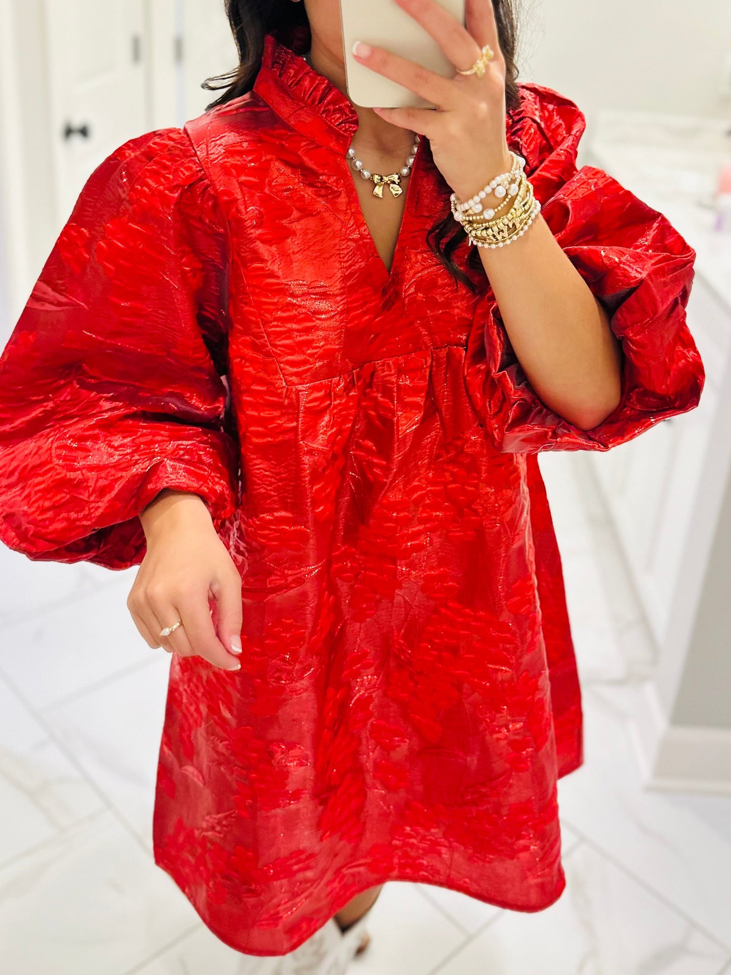 The Clara Red Jacquard Shimmer Dress