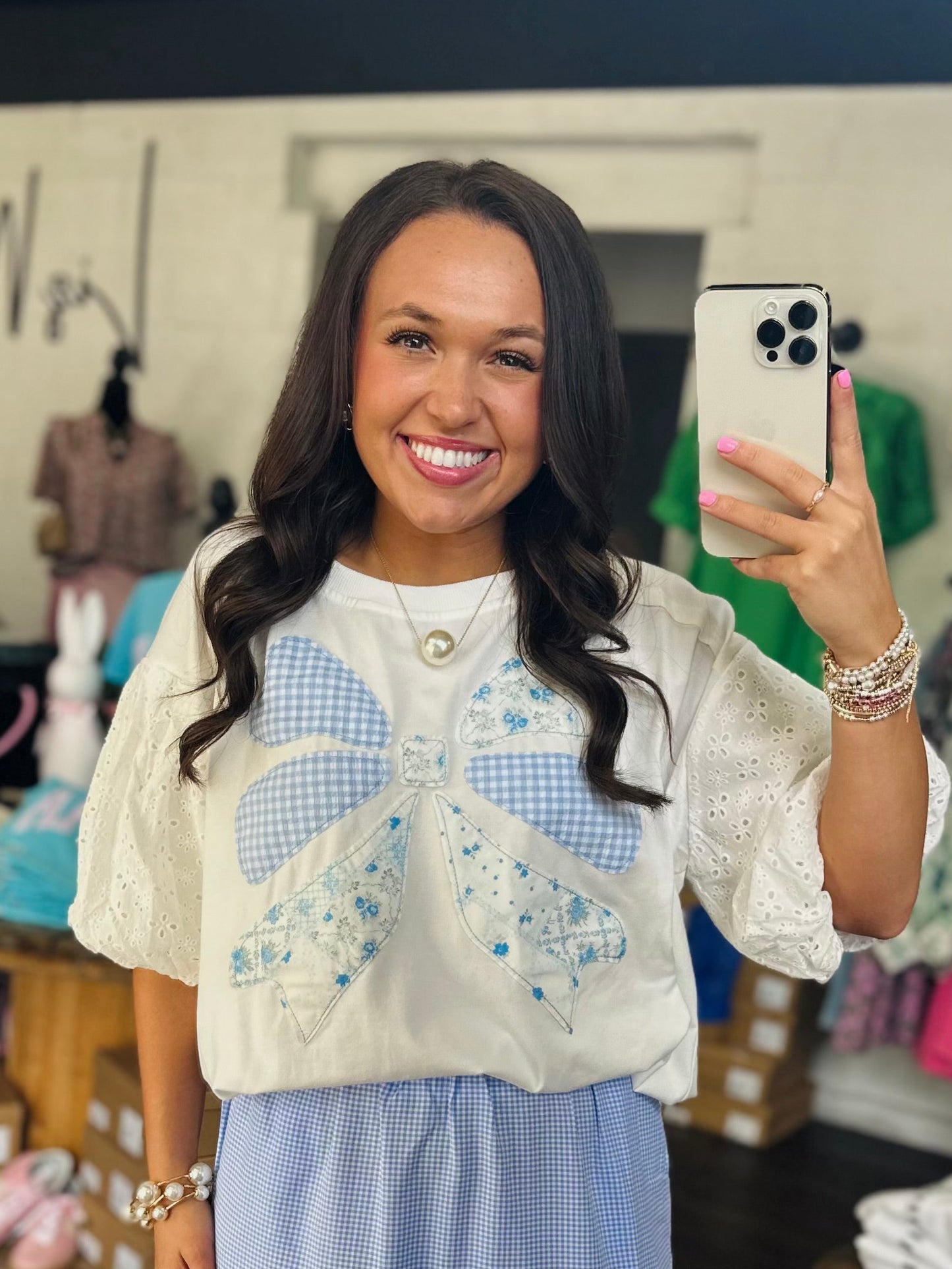 The Brylee Blue Bow Patchwork Top