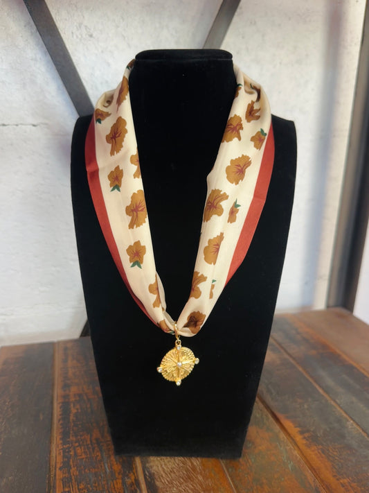 Brown Floral Silk Scarf + Gold Pendant Necklace