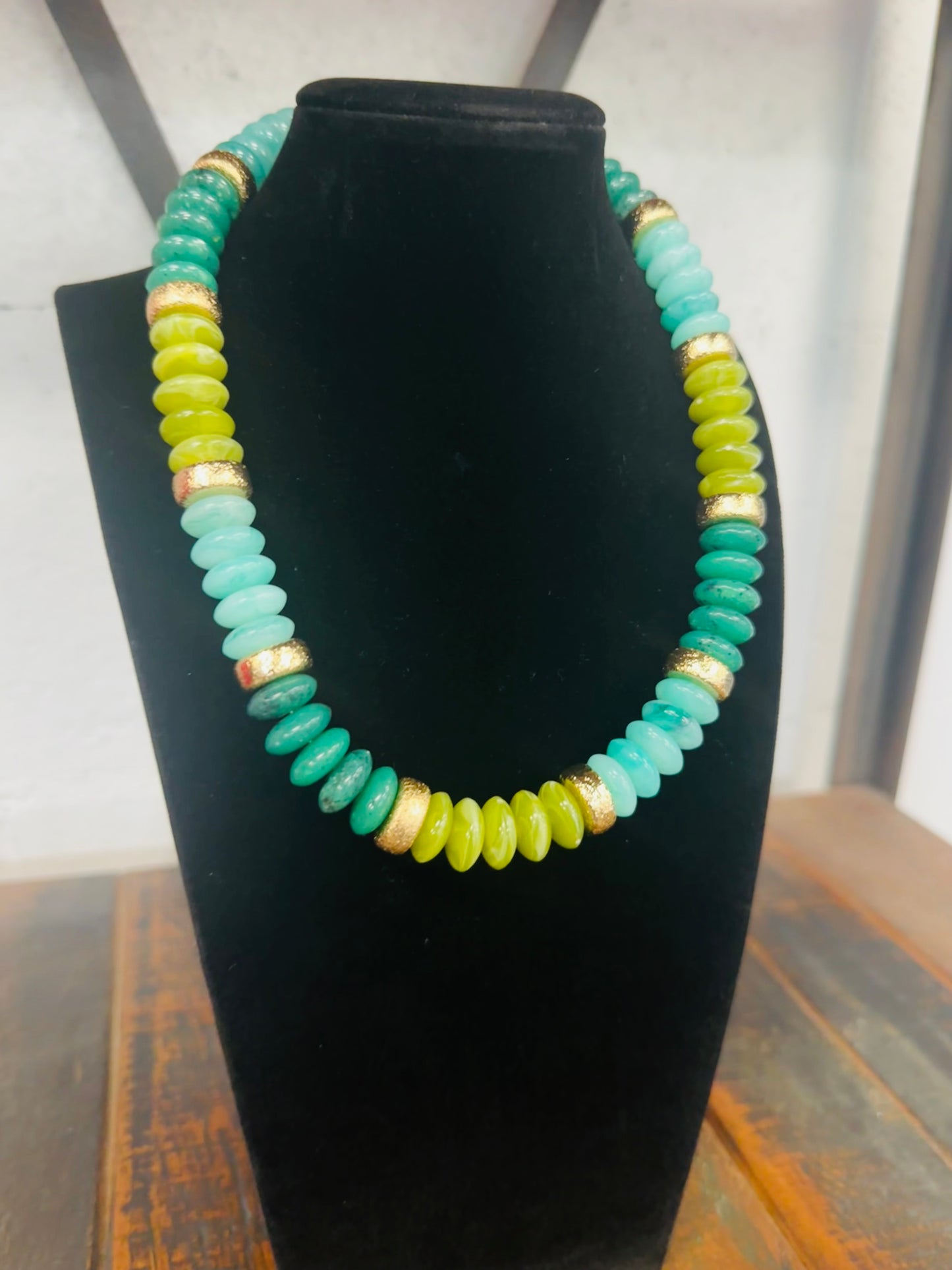 Olive + Gold Wide Bead Necklace