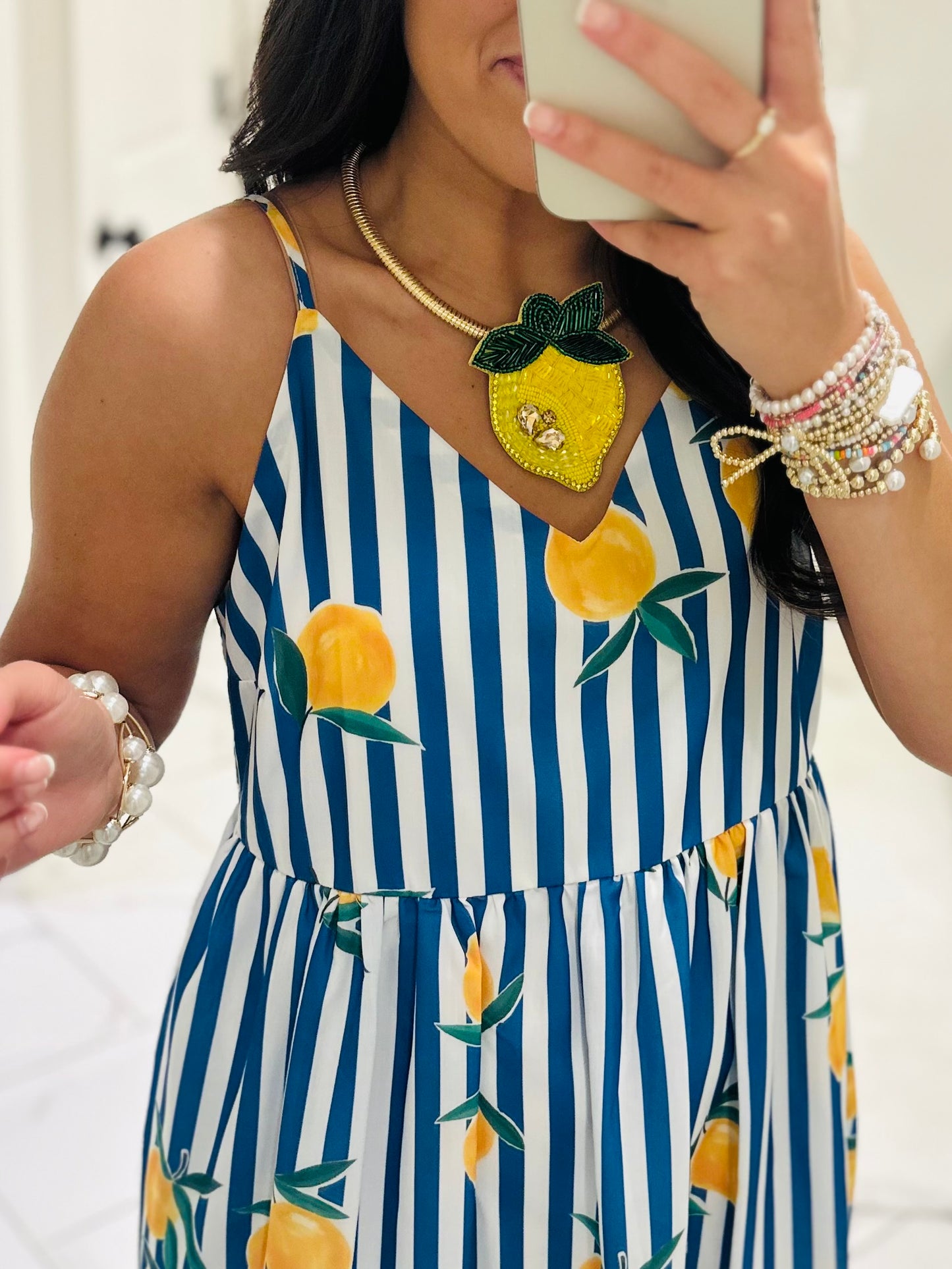 The Cass Blue Striped Lemon Midi Dress