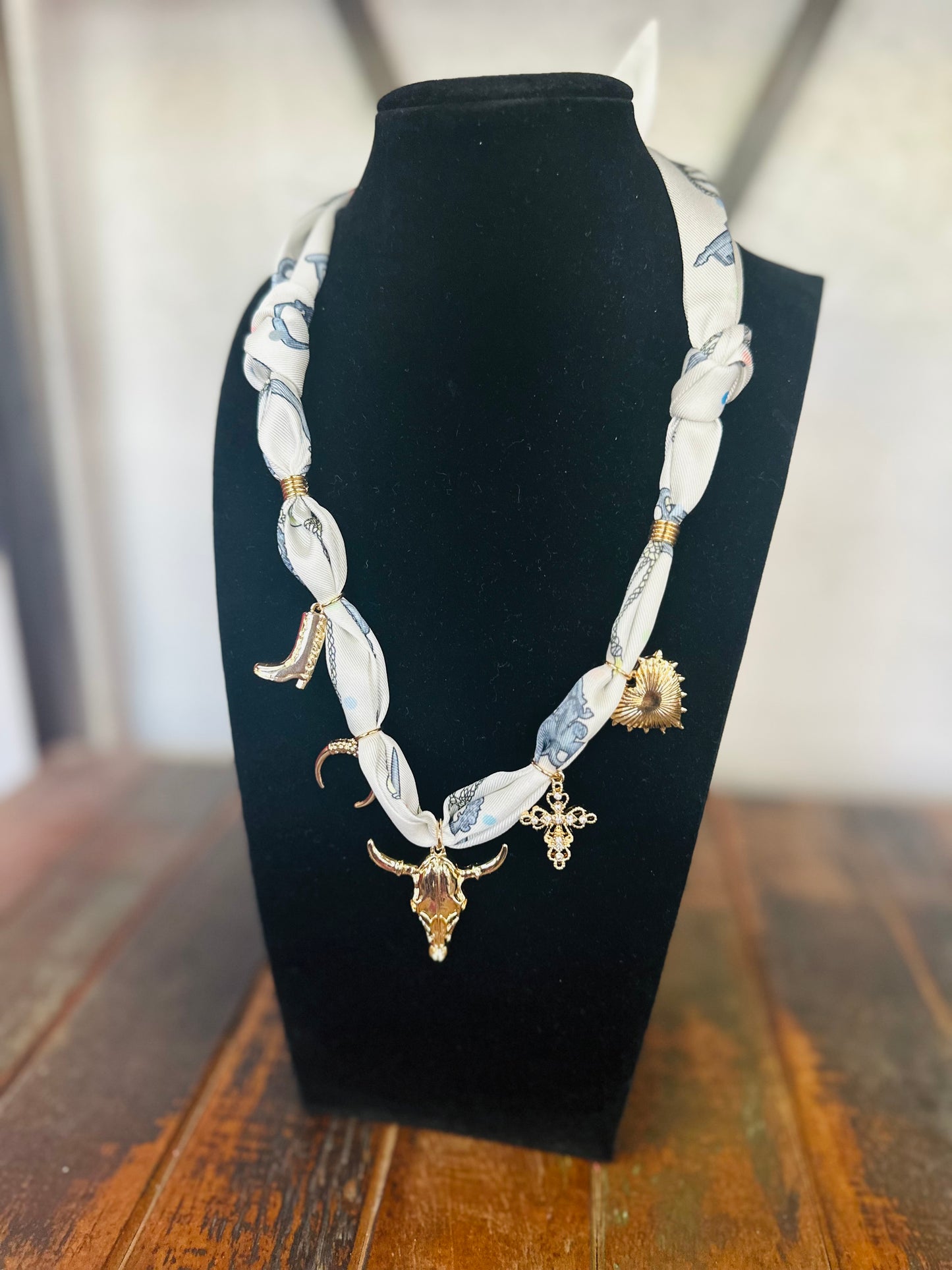 Western Steer Gold Charm Scarf Necklace - White