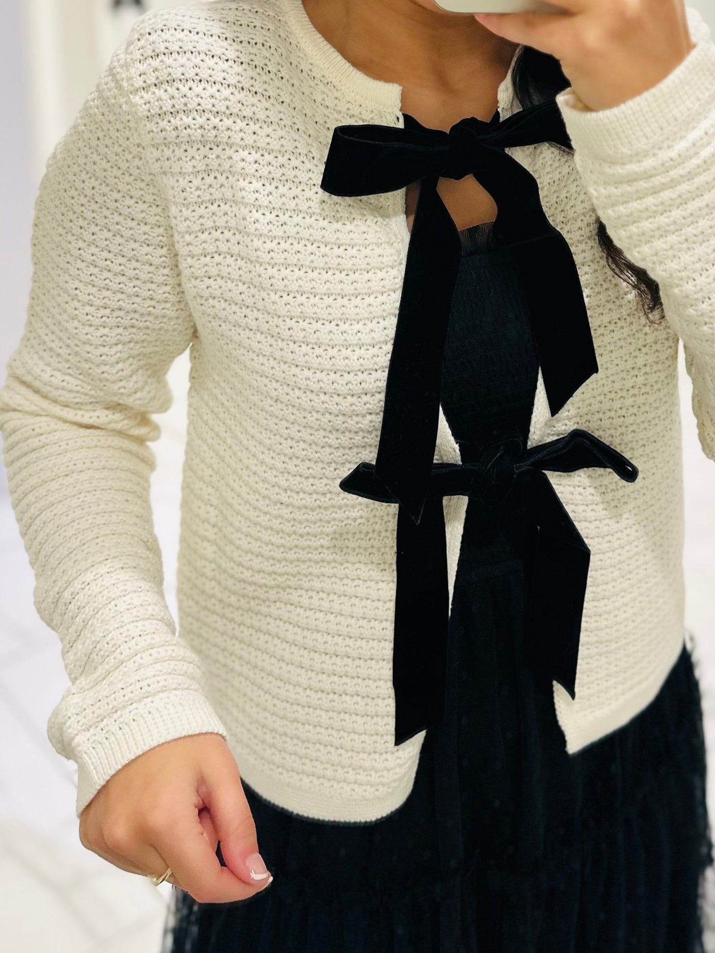 The Sofia Cream + Black Velvet Bow Cardigan