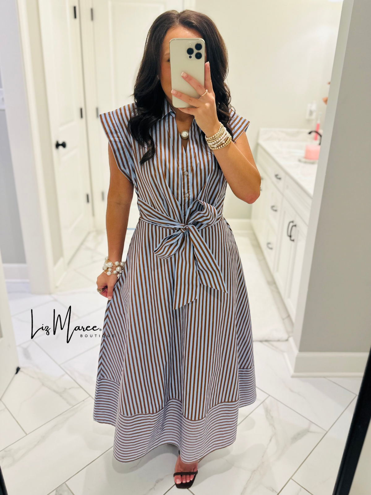 The Charity Blue + Brown Striped Midi Dress