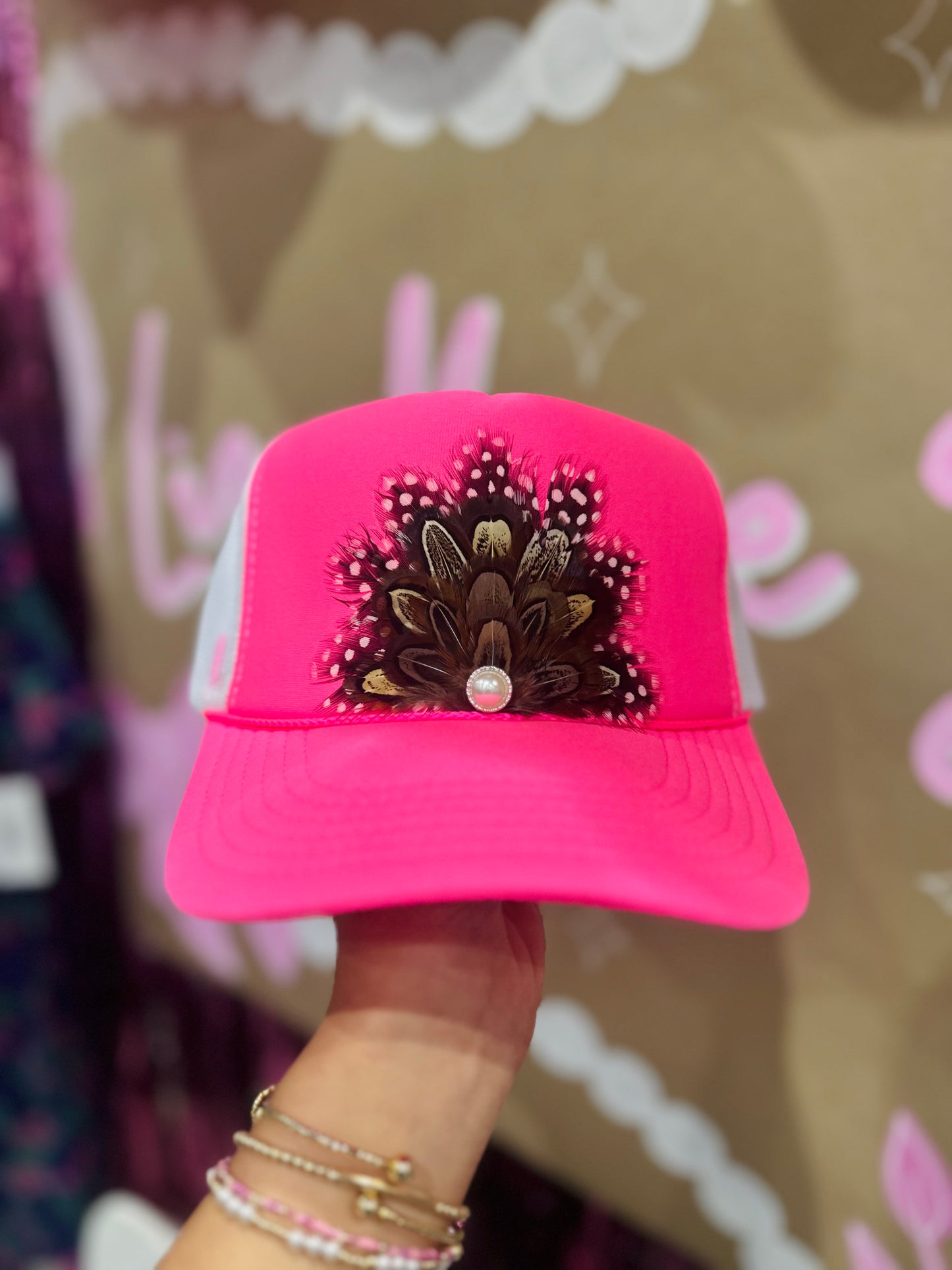 Neon Pink Feather + Pearl Trucker Hat