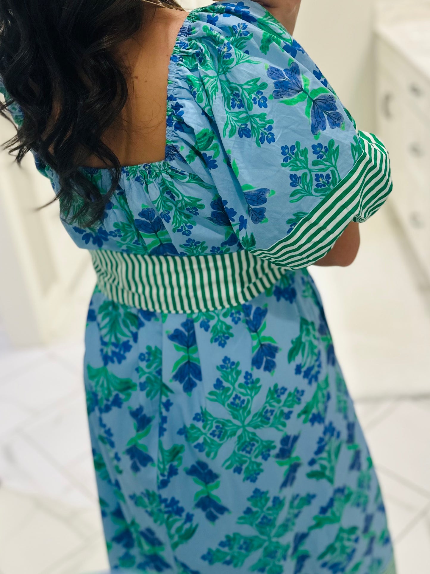 The Harlee Blue Botanical Midi Dress