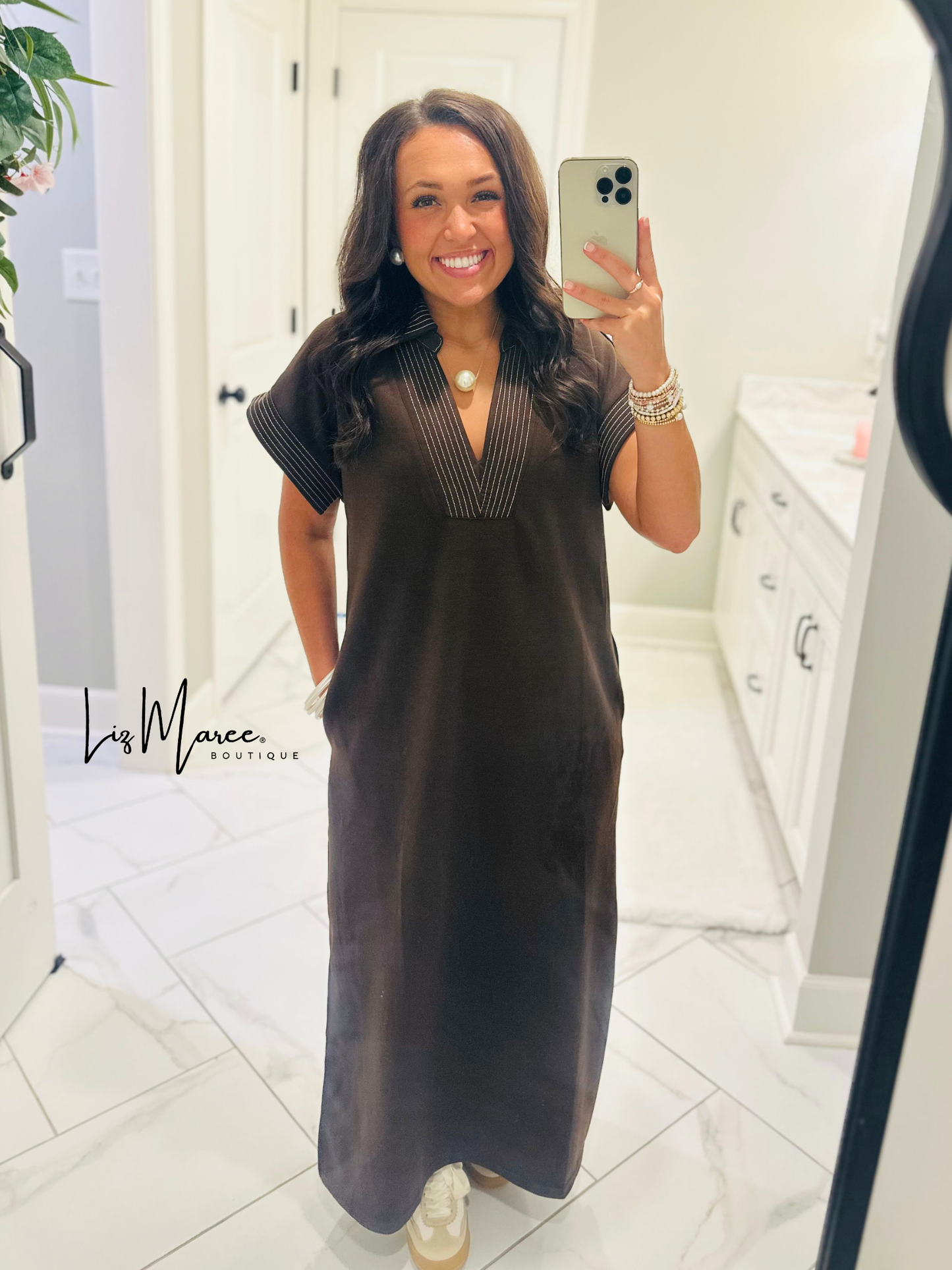 The Parker Brown Collared Stitch Midi Dress