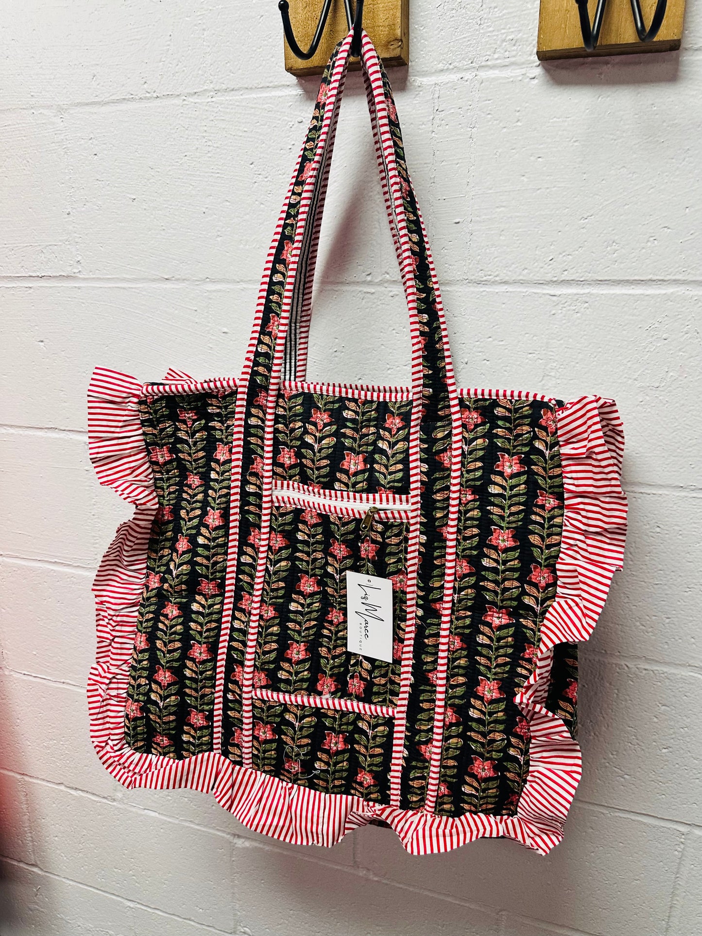 The Black Floral Ruffle Quilted Tote Bag