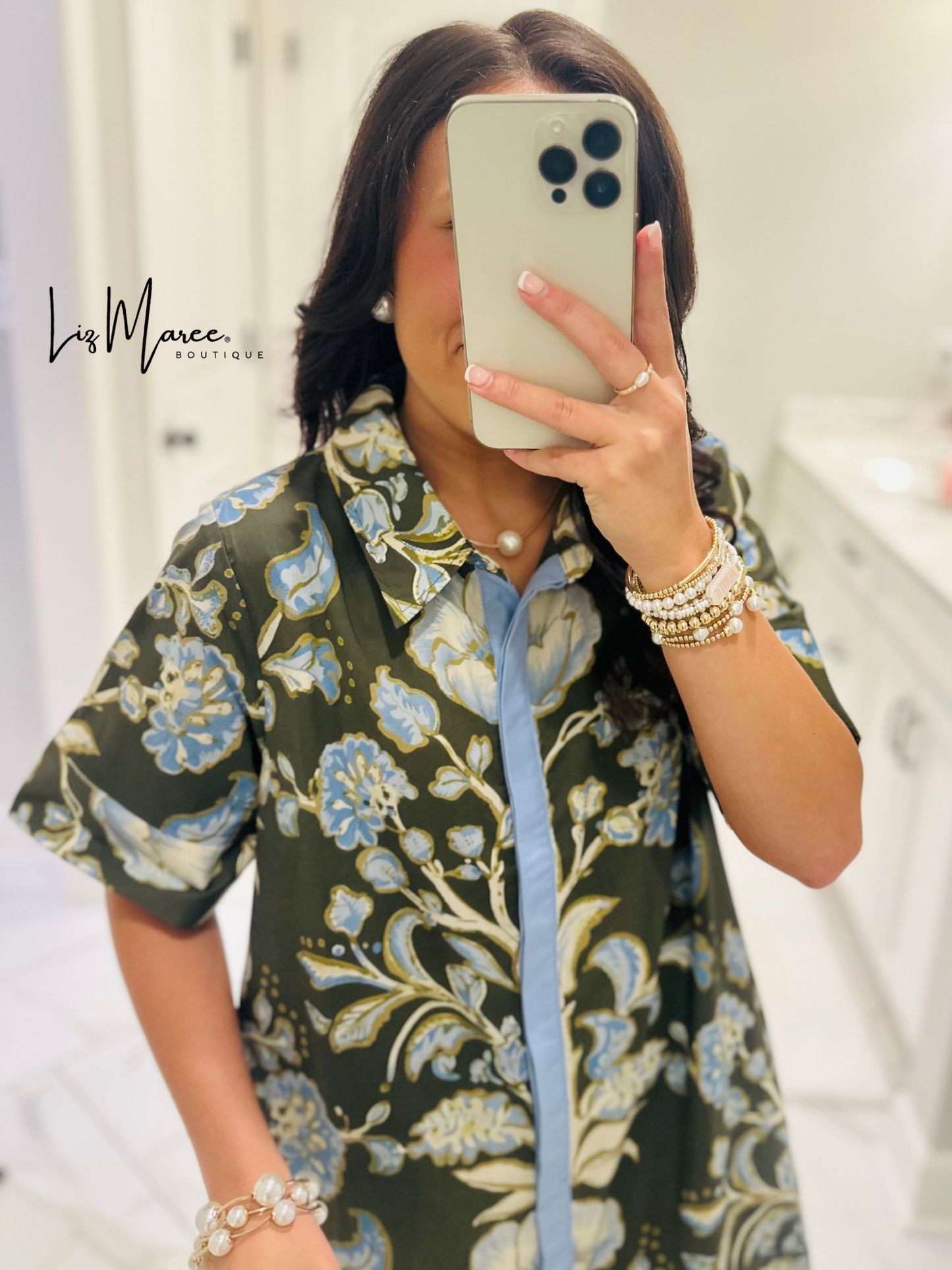 The Evie Olive Green + Blue Floral Midi Dress