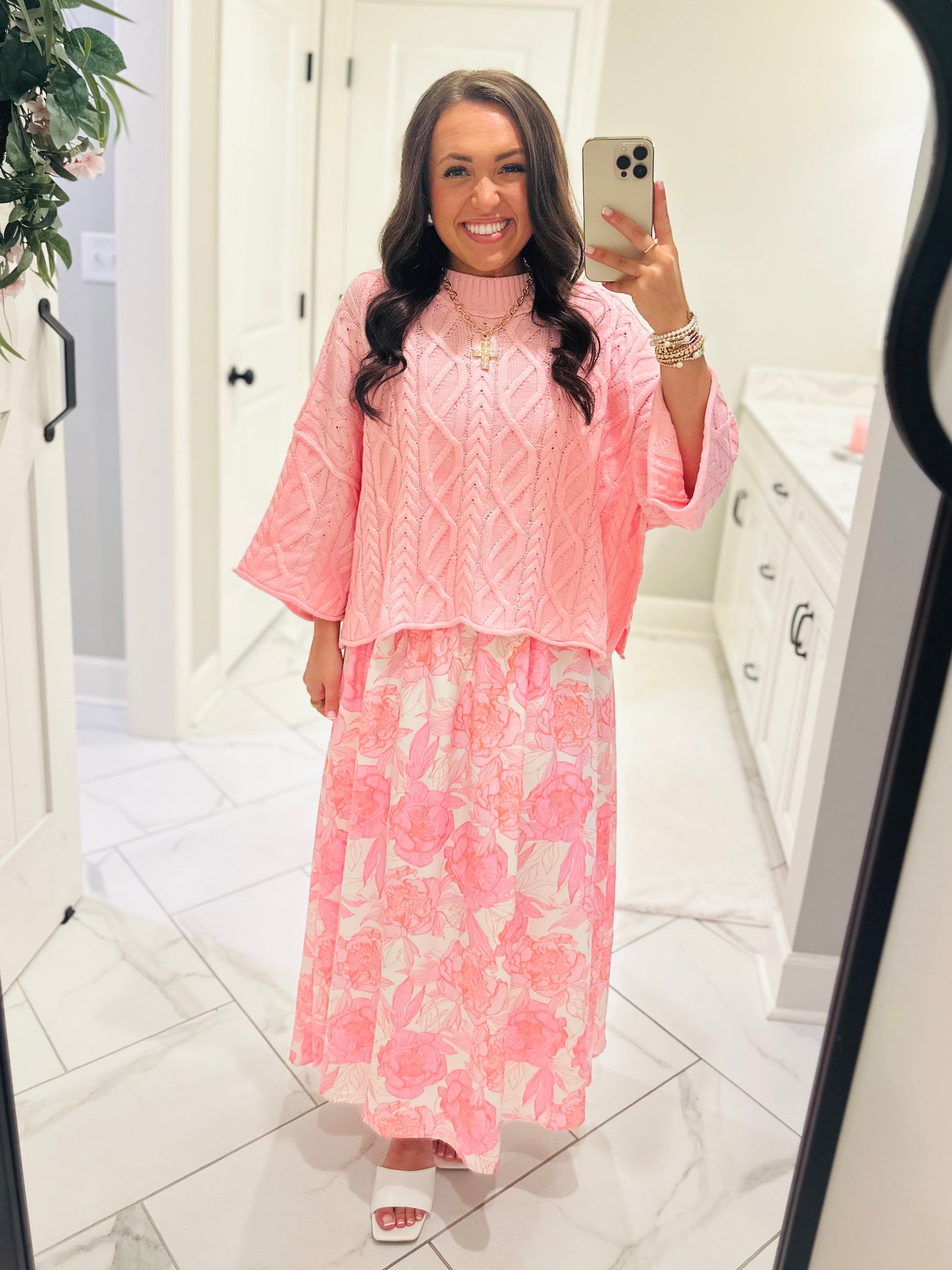 The Eliza Pink Chunky Ribbed Knit Cable Sweater