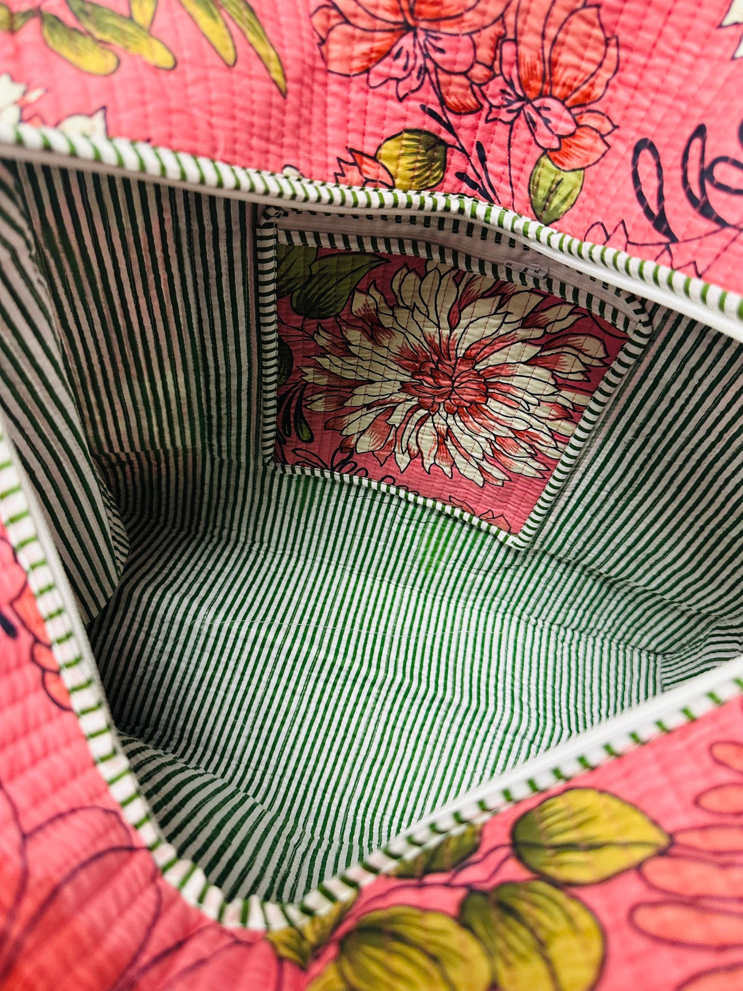 The Coral Pink Flower Power Quilted Tote Bag