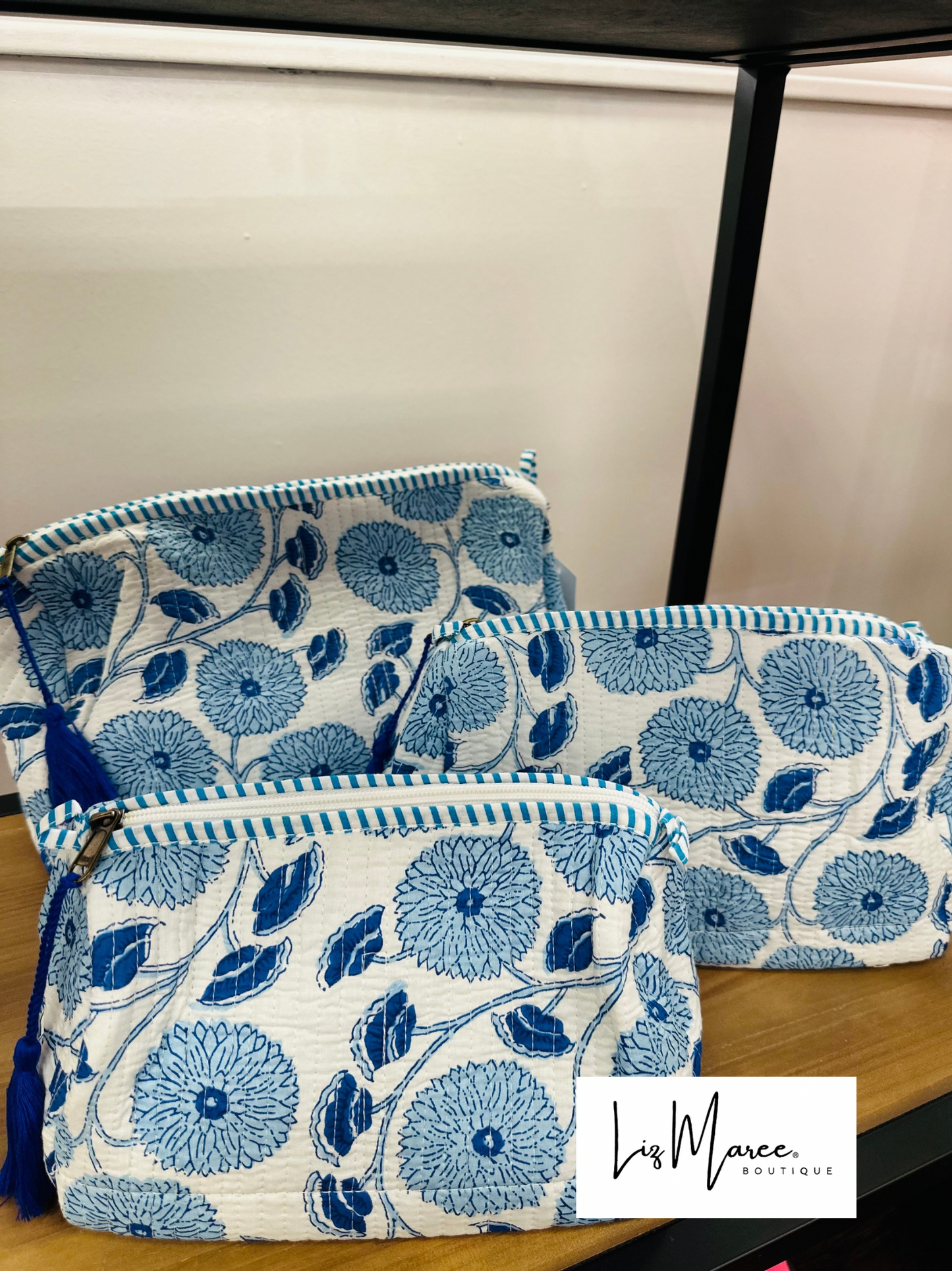 The Blue + White Floral Quilted Cosmetic Bags - Set of 3