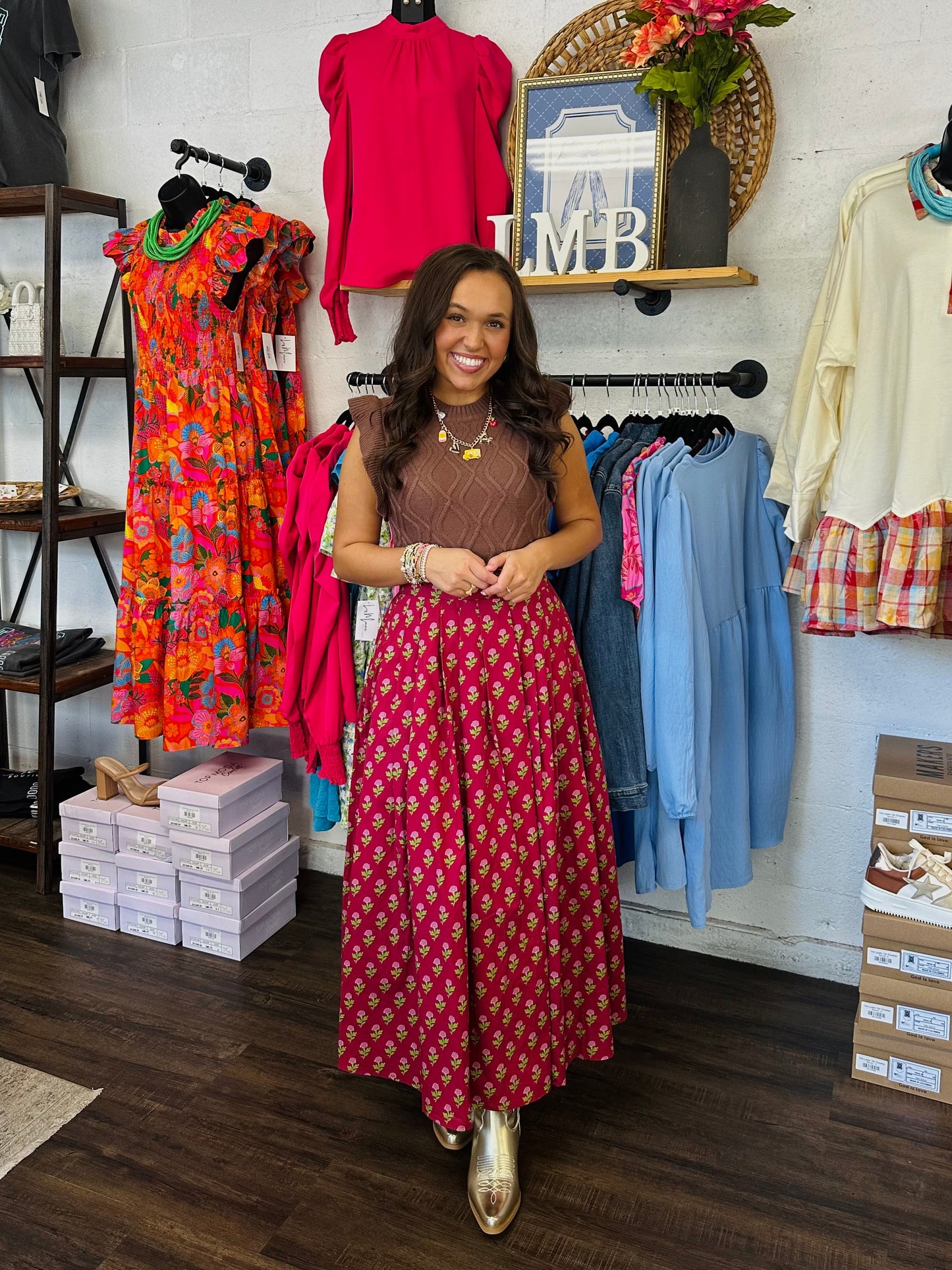 The Austin Burgundy Floral Midi Skirt