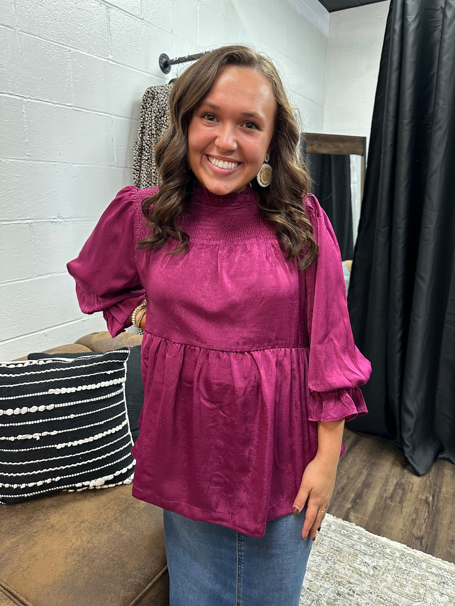 Plum Satin Ruffle Neck Top