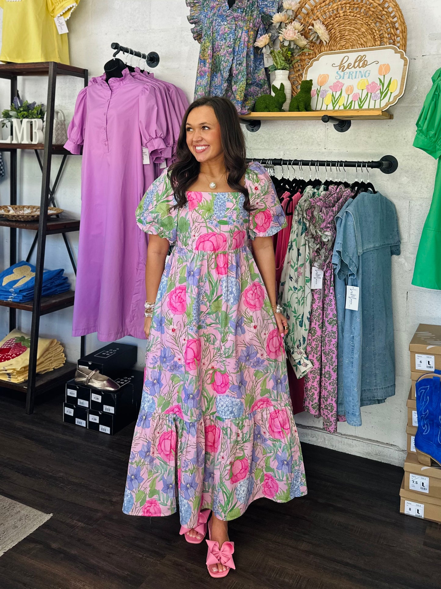 The Danyale Pink Floral Bow Midi Dress
