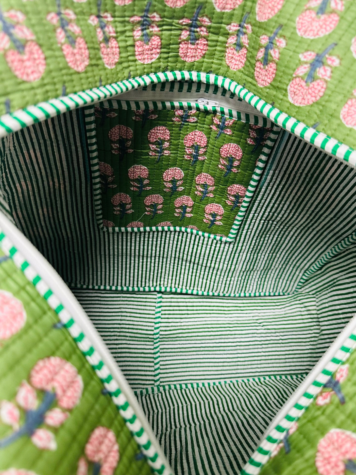 The Green Vintage Floral Ruffle Quilted Tote Bag