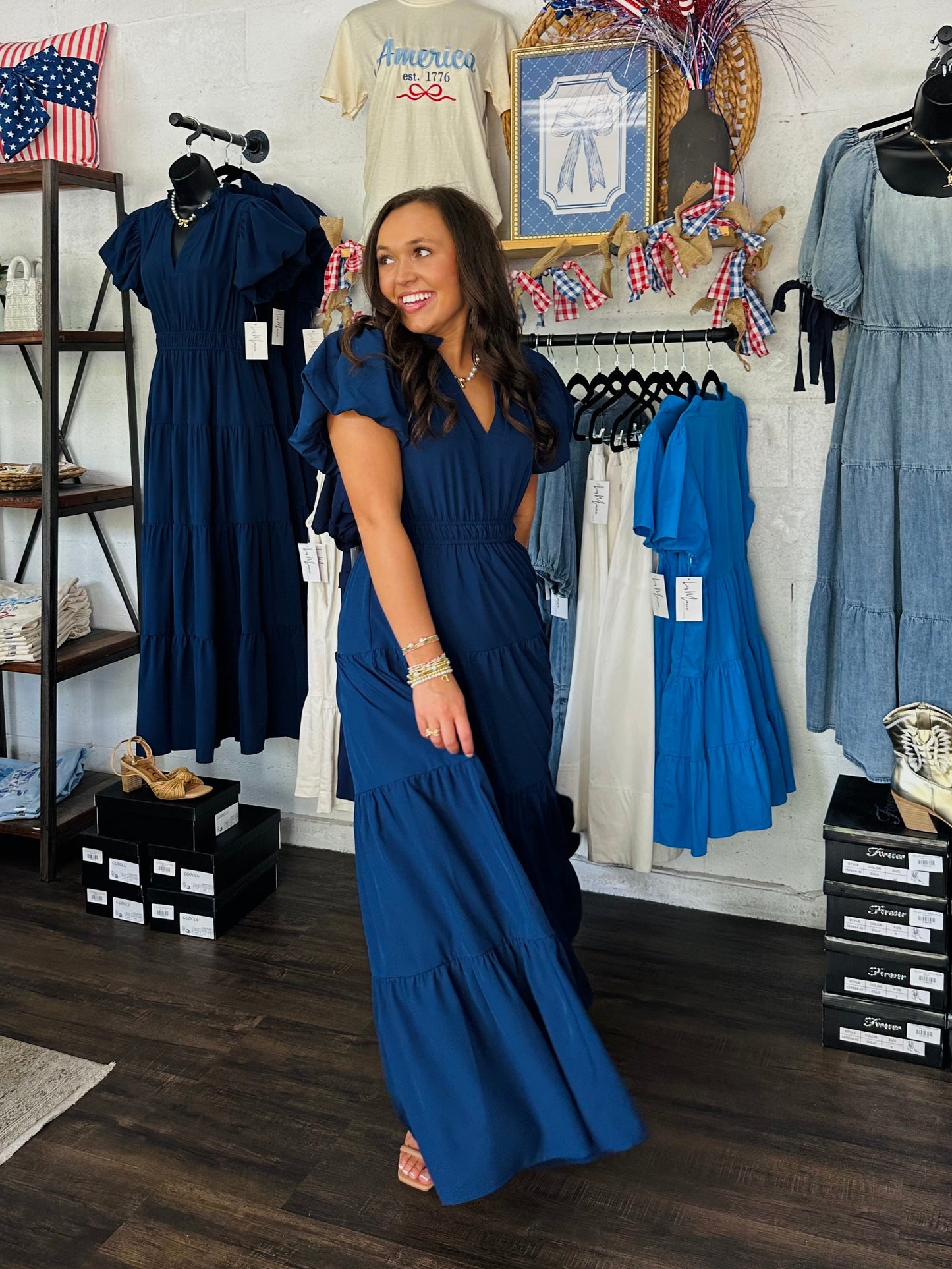 The Elizabeth Navy Puff Sleeve Midi Dress