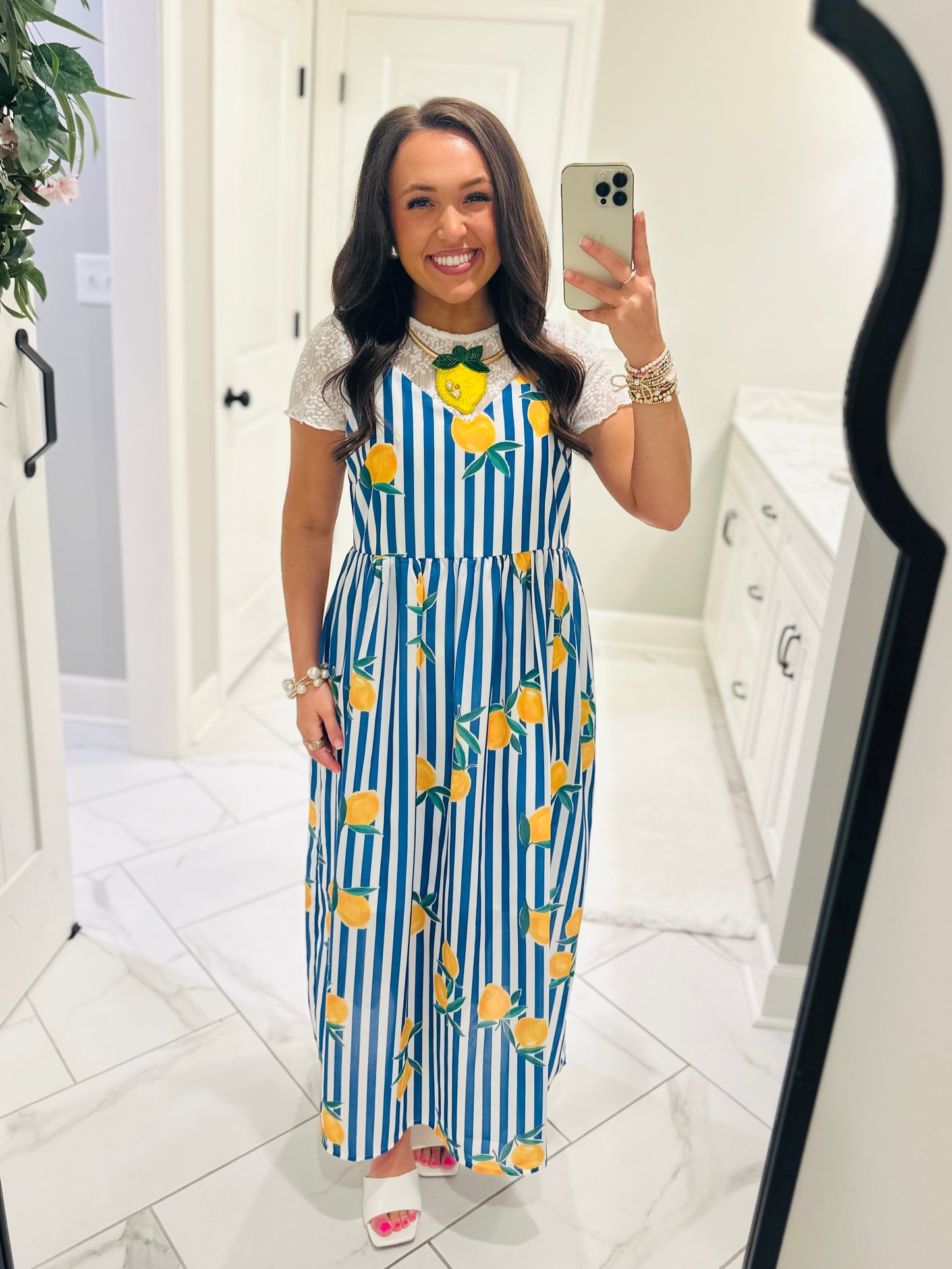 The Cass Blue Striped Lemon Midi Dress