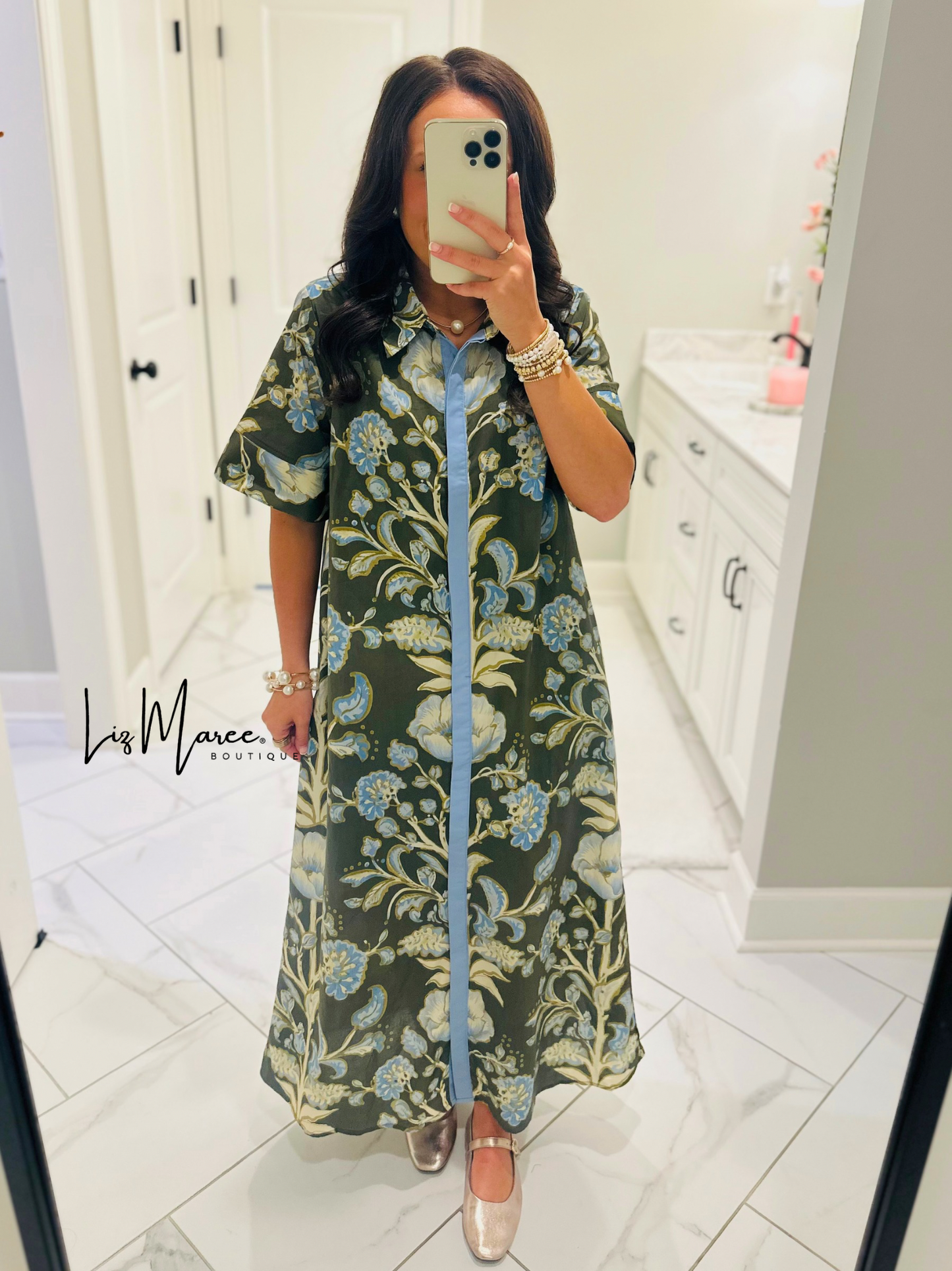 The Evie Olive Green + Blue Floral Midi Dress