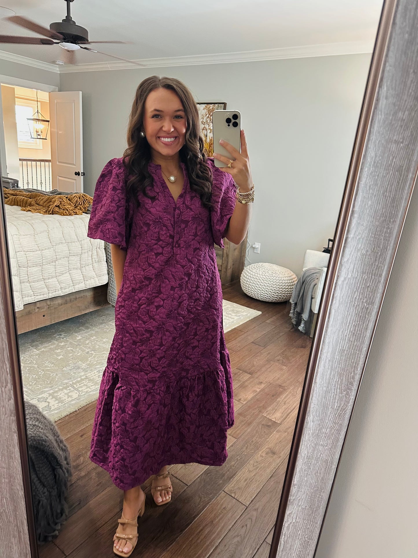The Ada Plum Jacquard Floral Midi Dress
