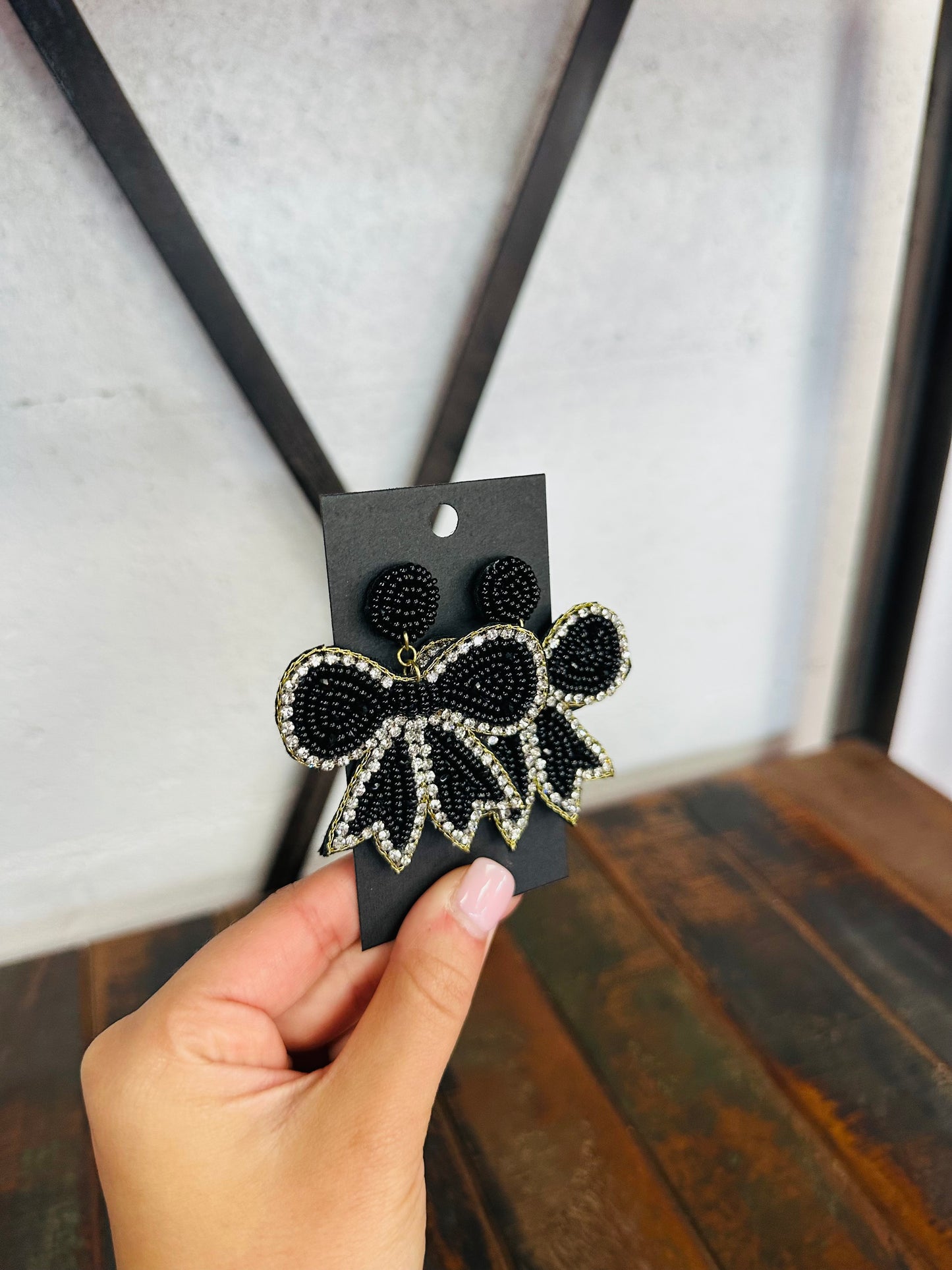 Black Beaded Bow Earring