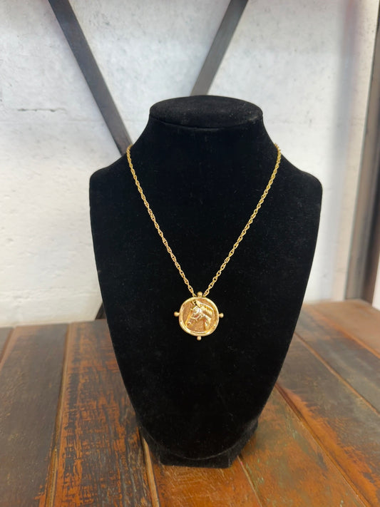 Gold Embossed Horse Coin Pendant Necklace