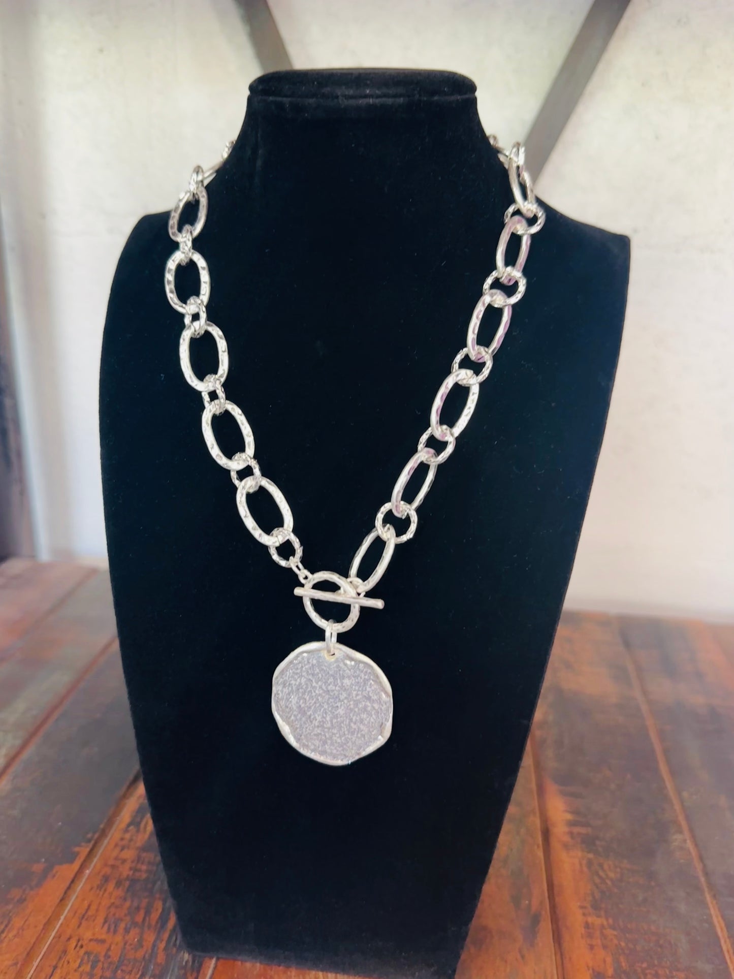 Silver Hammered Coin Charm Chain Necklace