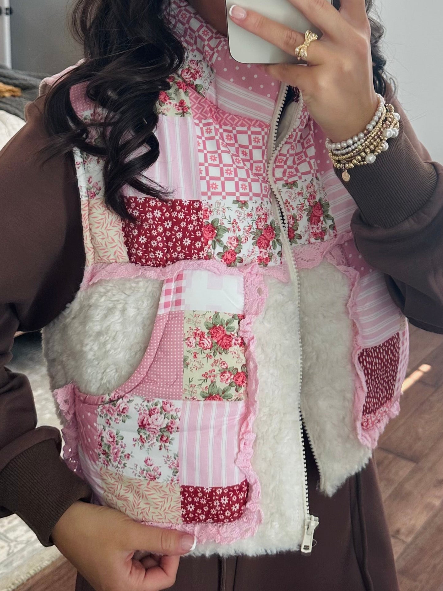 The Winnie Pink Patchwork Ruffle Sherpa Vest