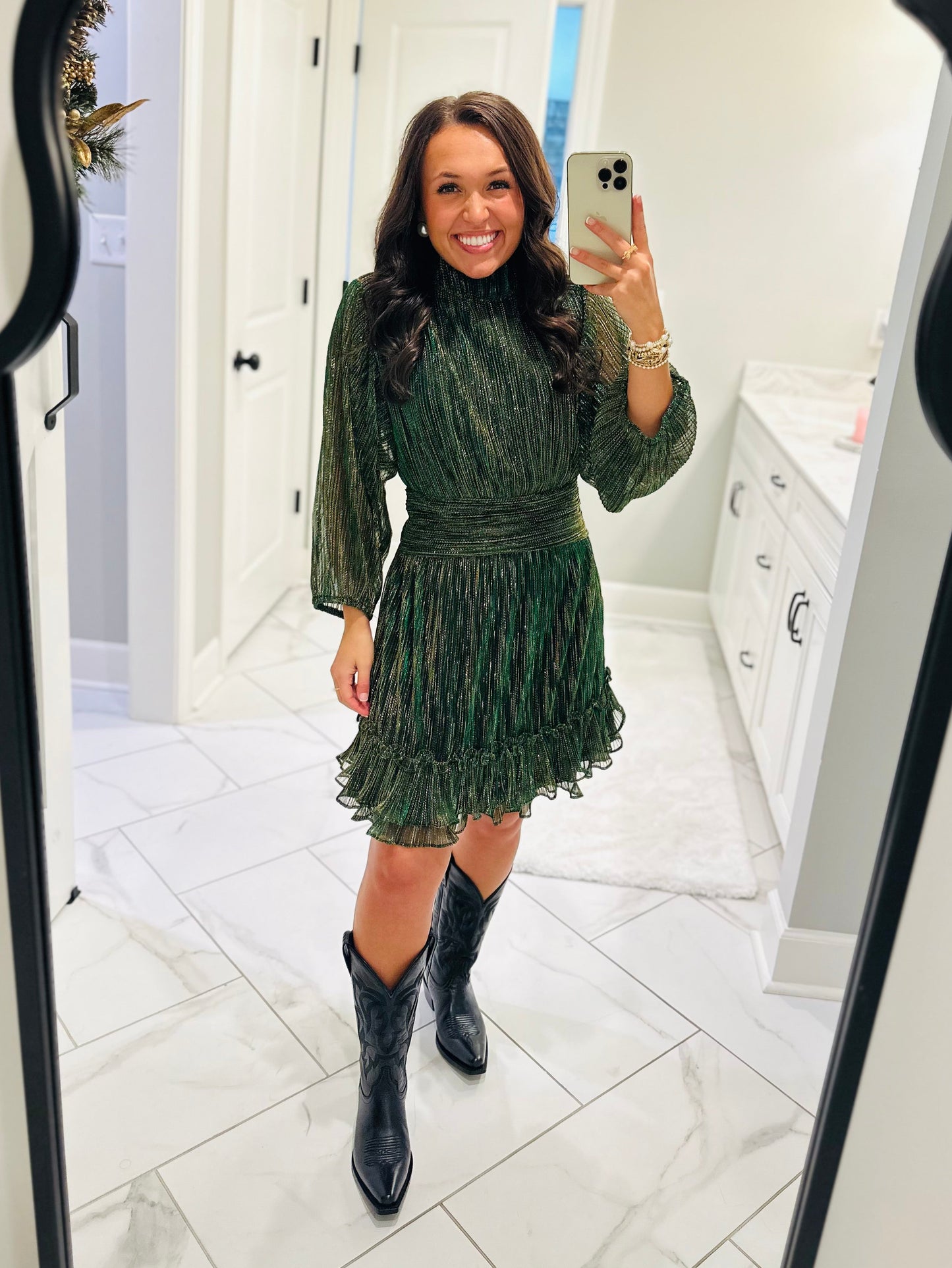 The Dasher Emerald Green Shiny Ruffle Dress