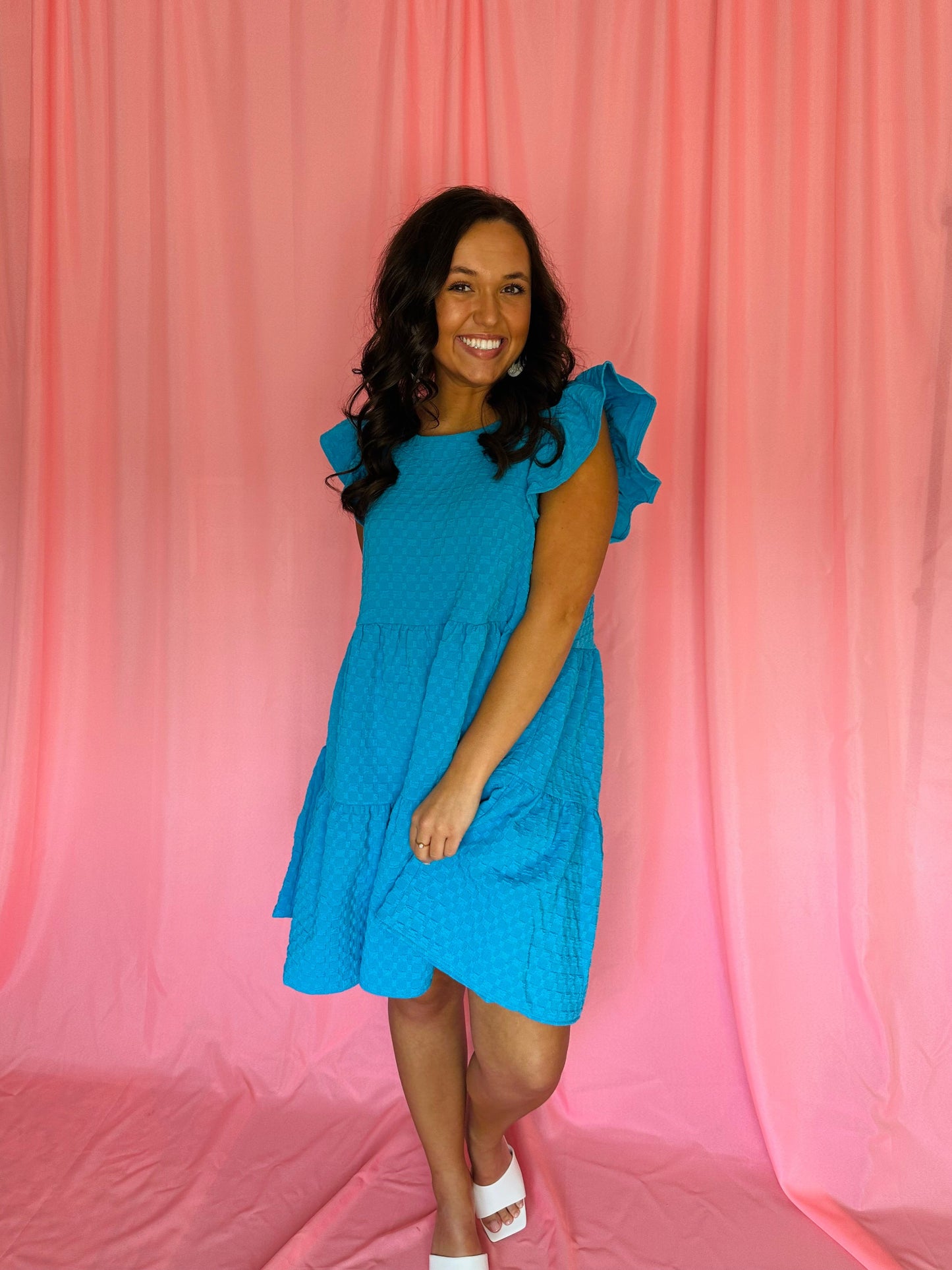 The Kodi Bright Blue Textured Tiered Swing Dress