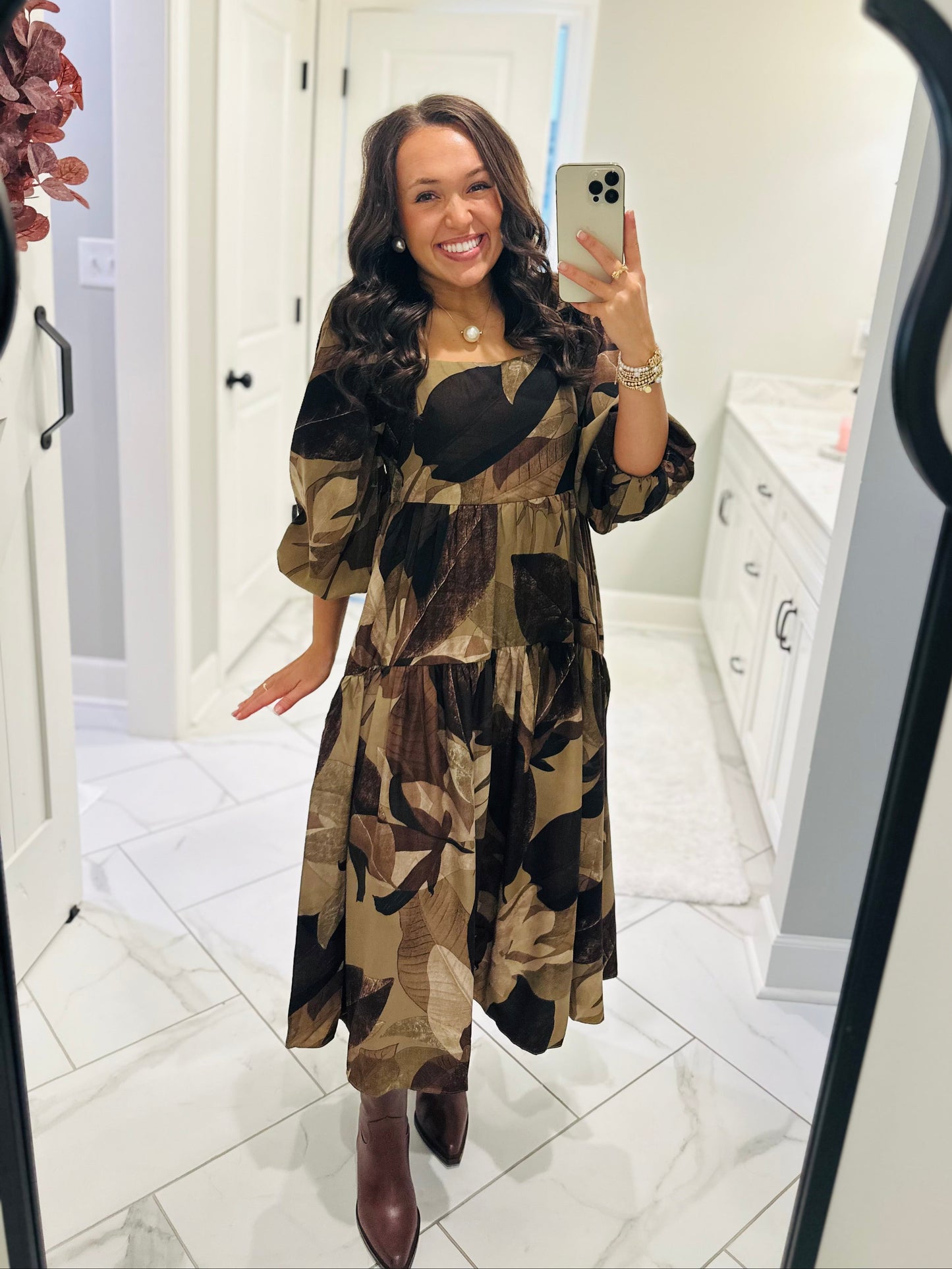 The Loretta Mocha Leaf Midi Dress