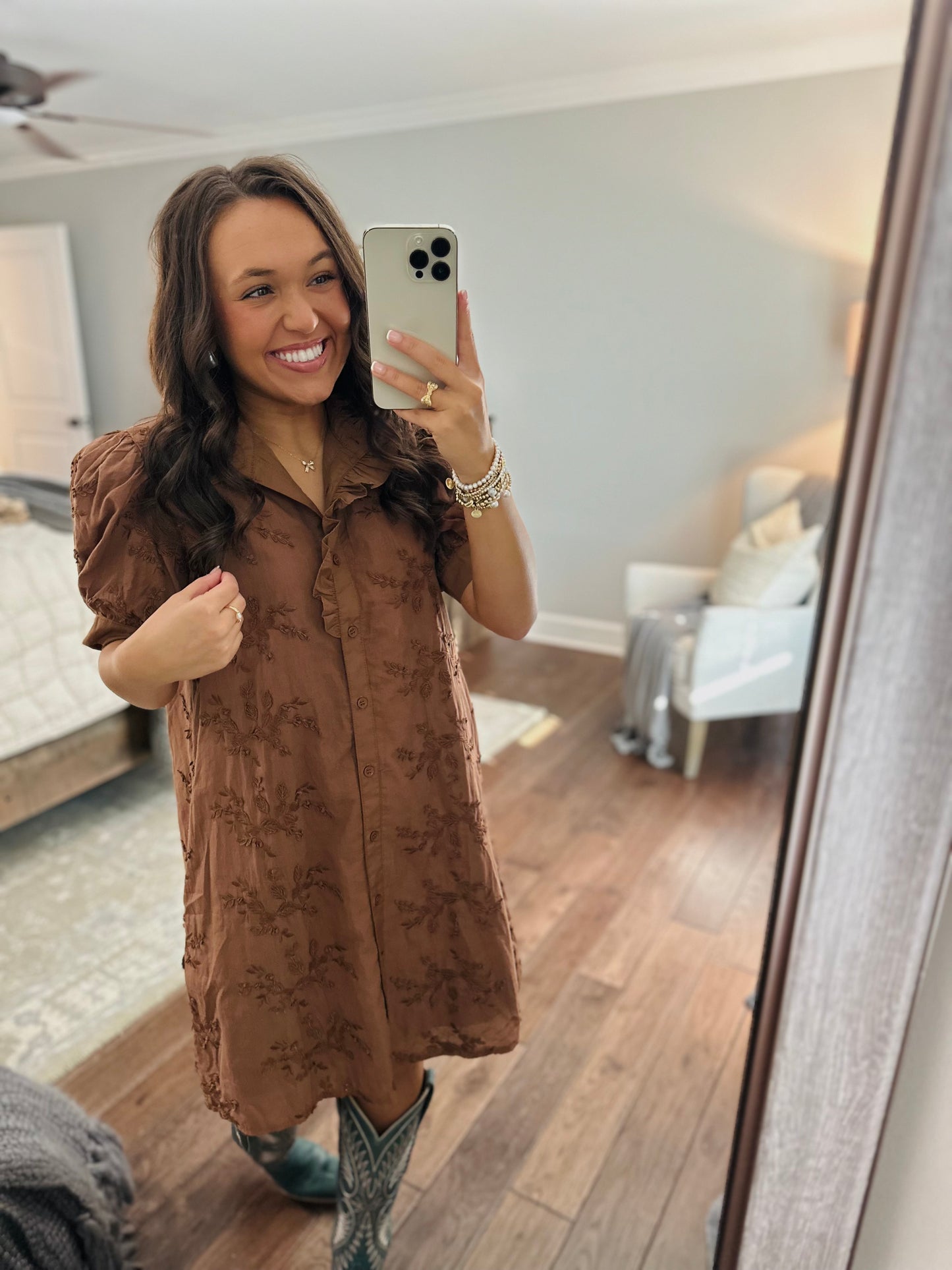 The Taylor Mocha Brown Floral Appliqué Dress