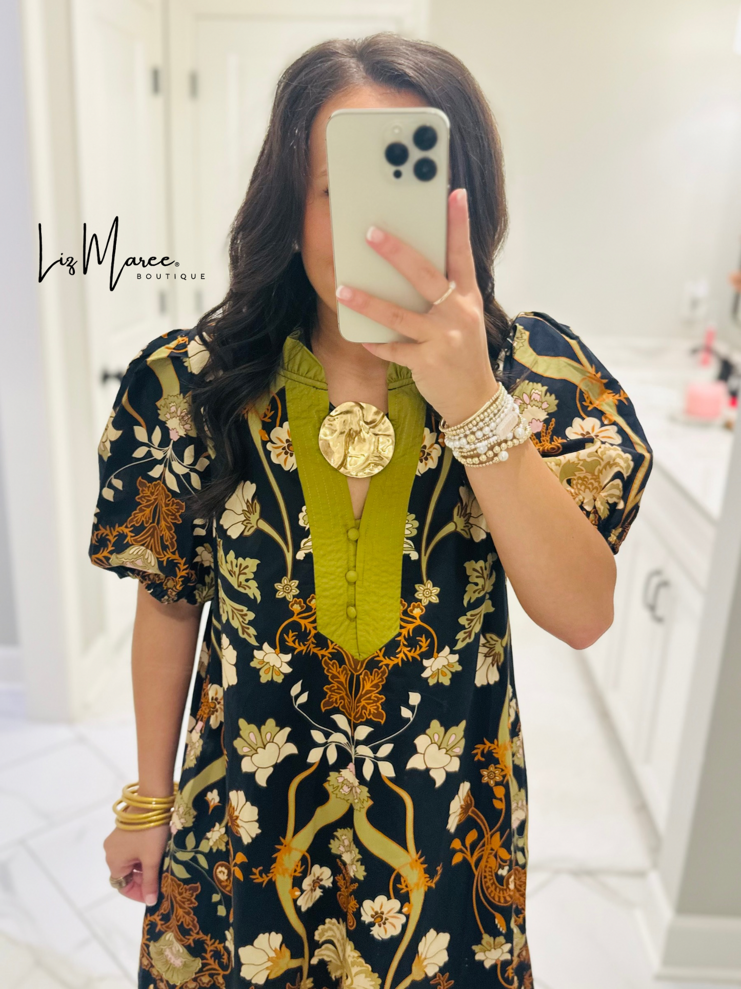 The Francesca Black + Olive Green Floral Midi Dress