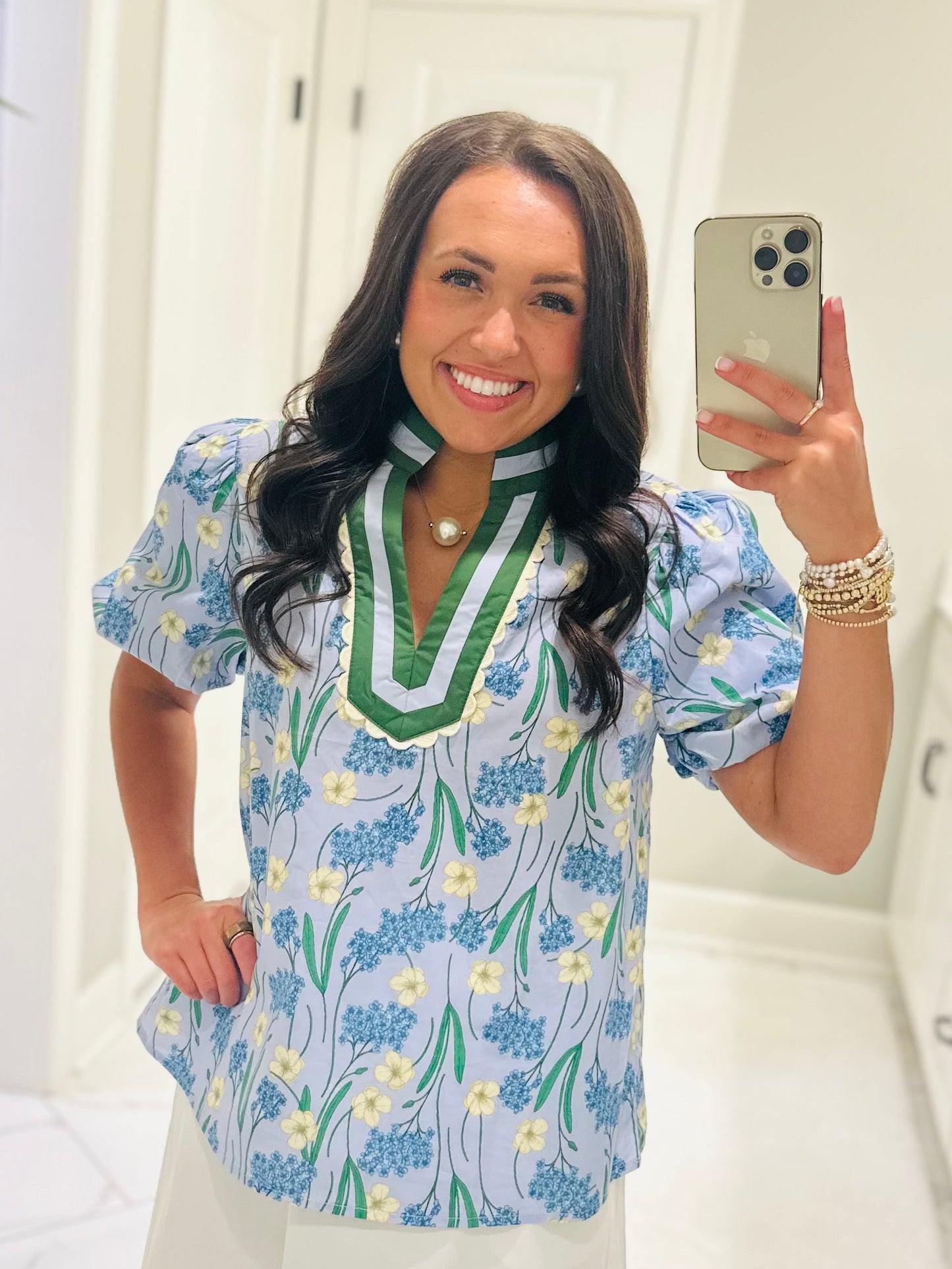 The Poppy Blue Floral Scallop Trim Top
