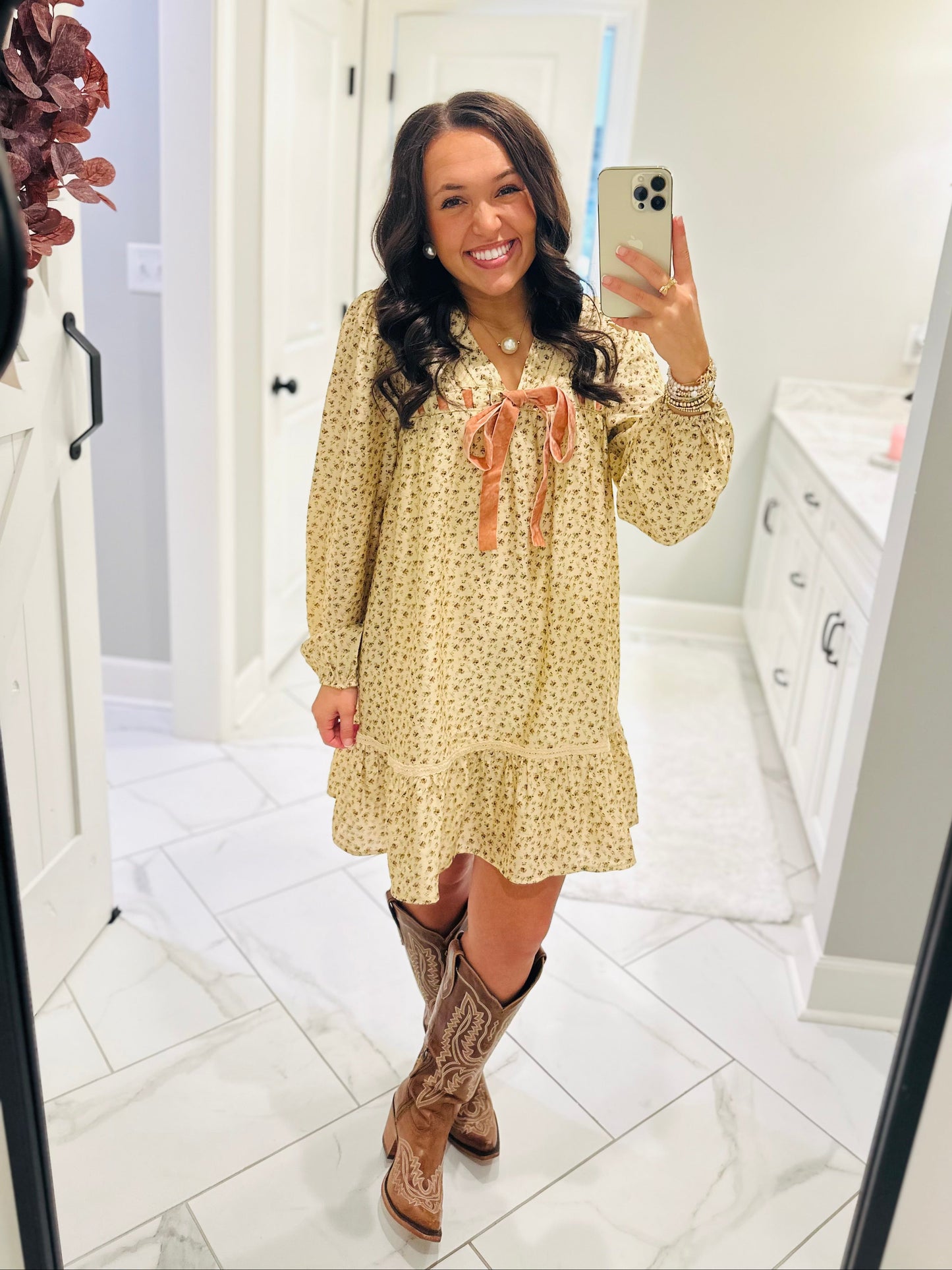 The Rhea Cream Floral Long Sleeve Bow Detail Dress