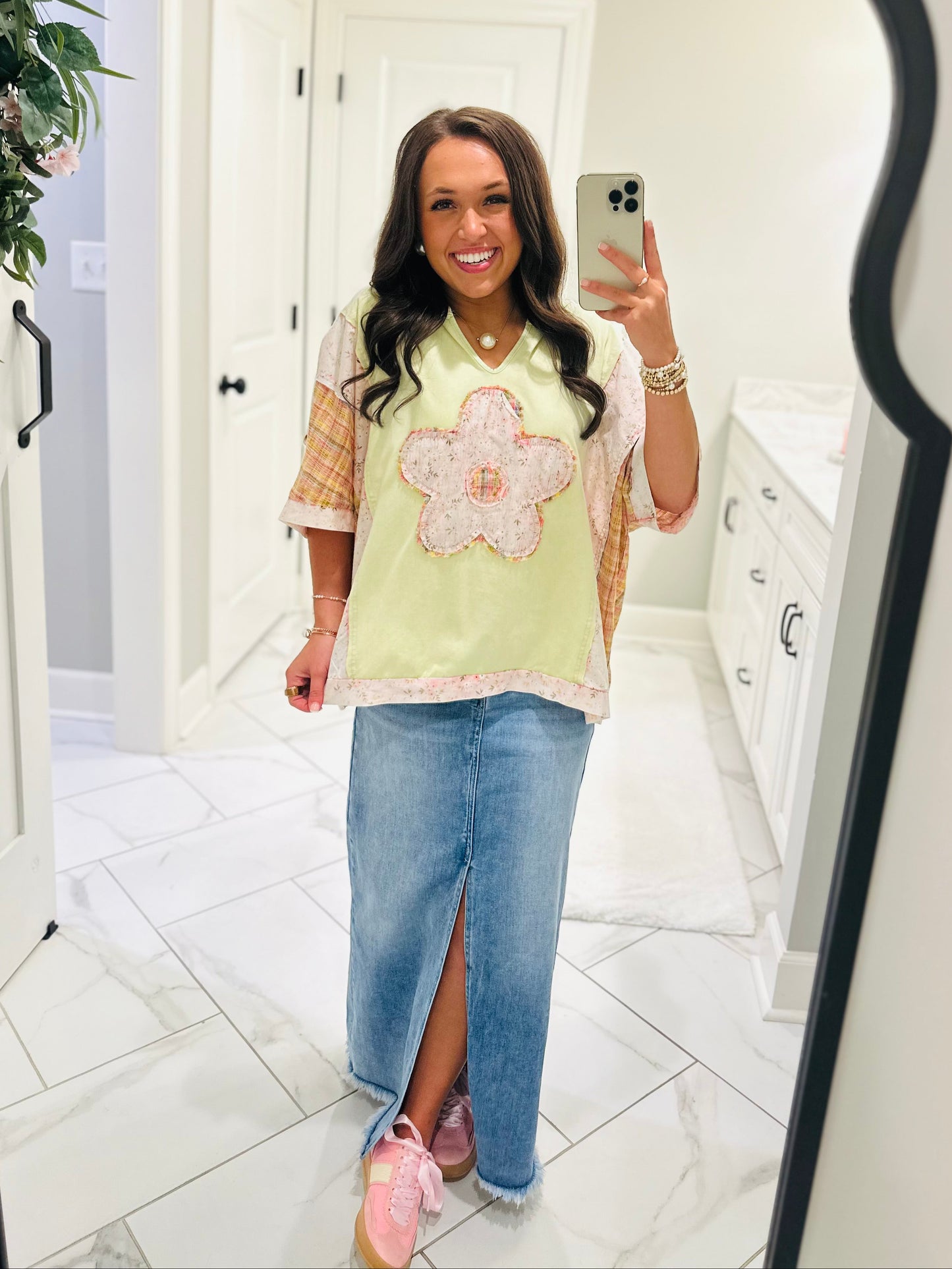 The Scarlett Lime Green Flower Patchwork Top