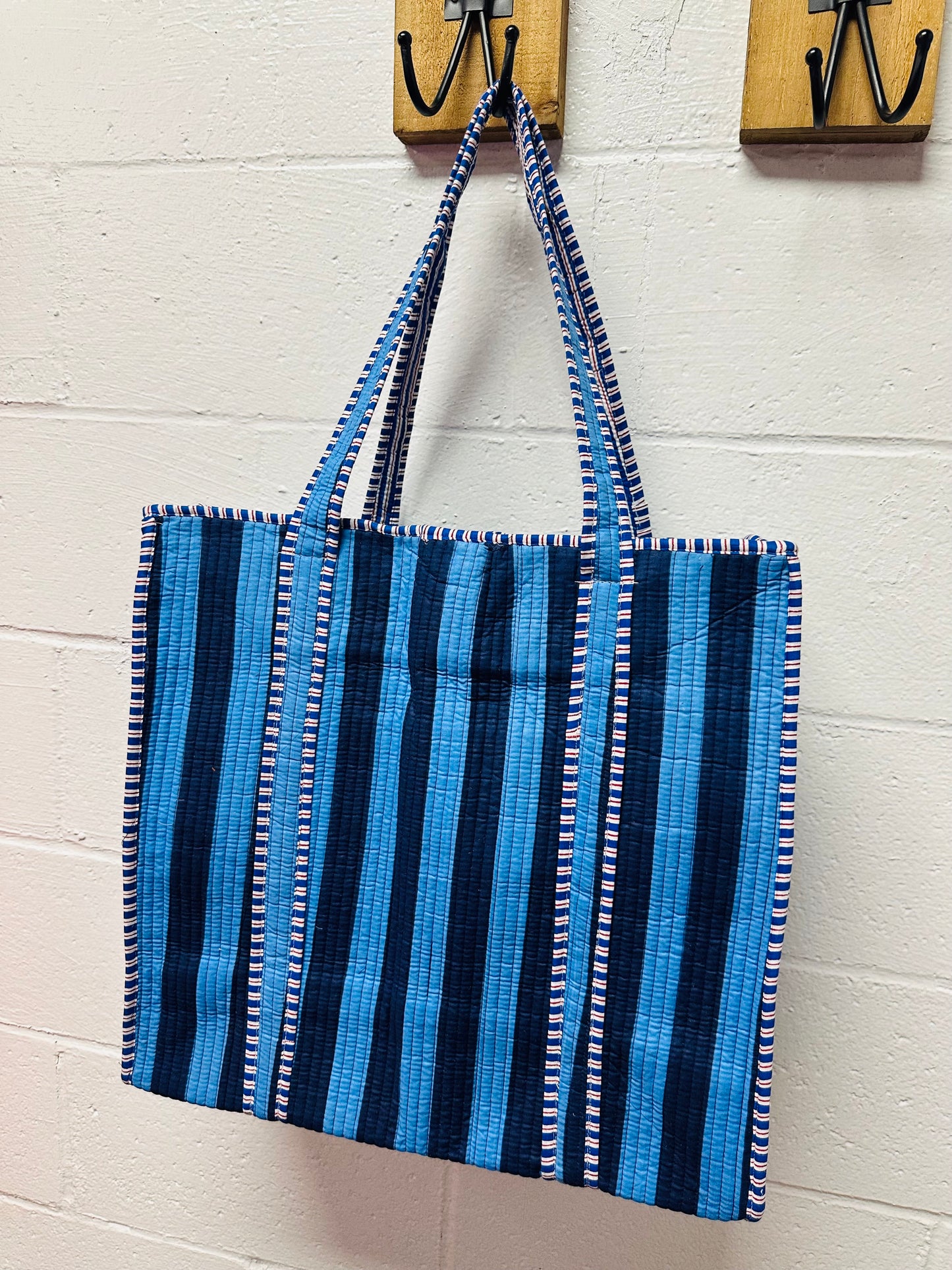 The Navy + Light Blue Striped Quilted Tote Bag