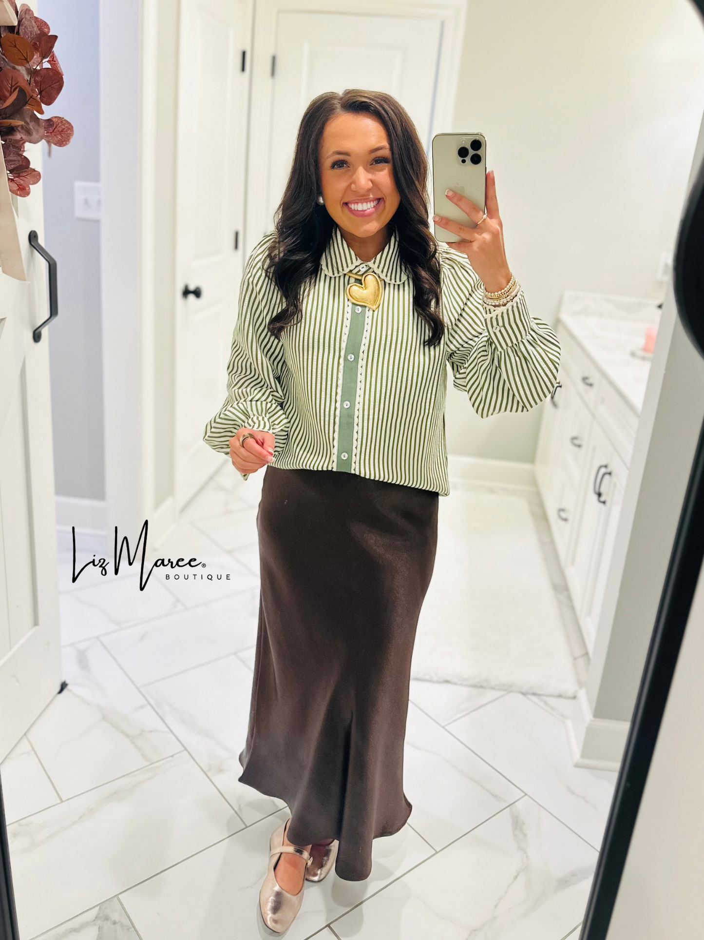 The Kathy Olive Green Striped Scallop Top