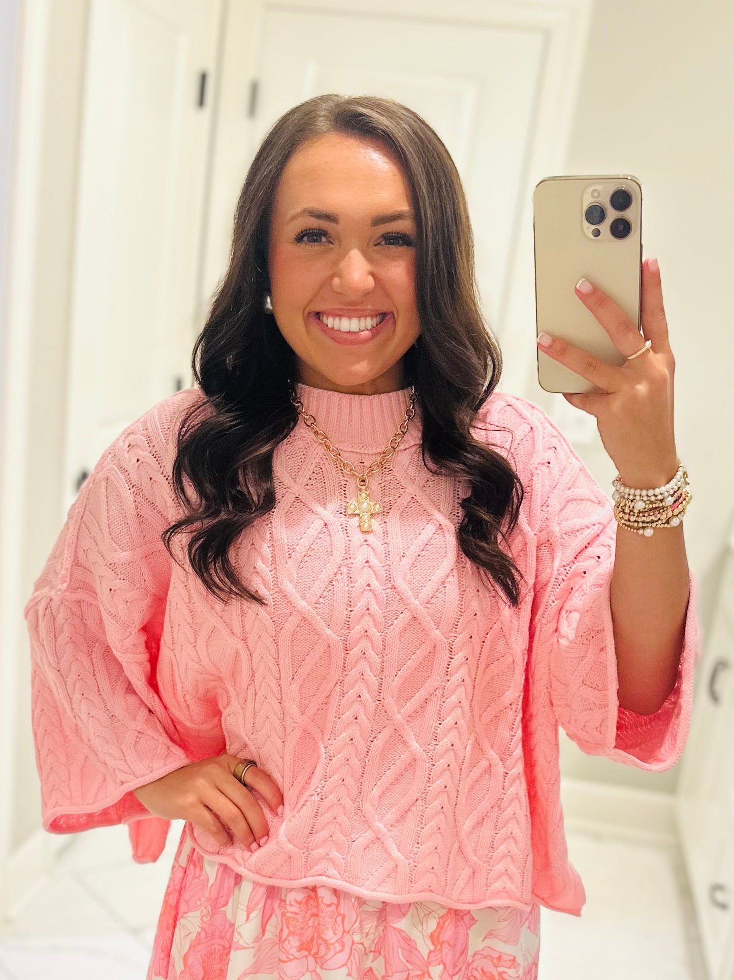 The Eliza Pink Chunky Ribbed Knit Cable Sweater