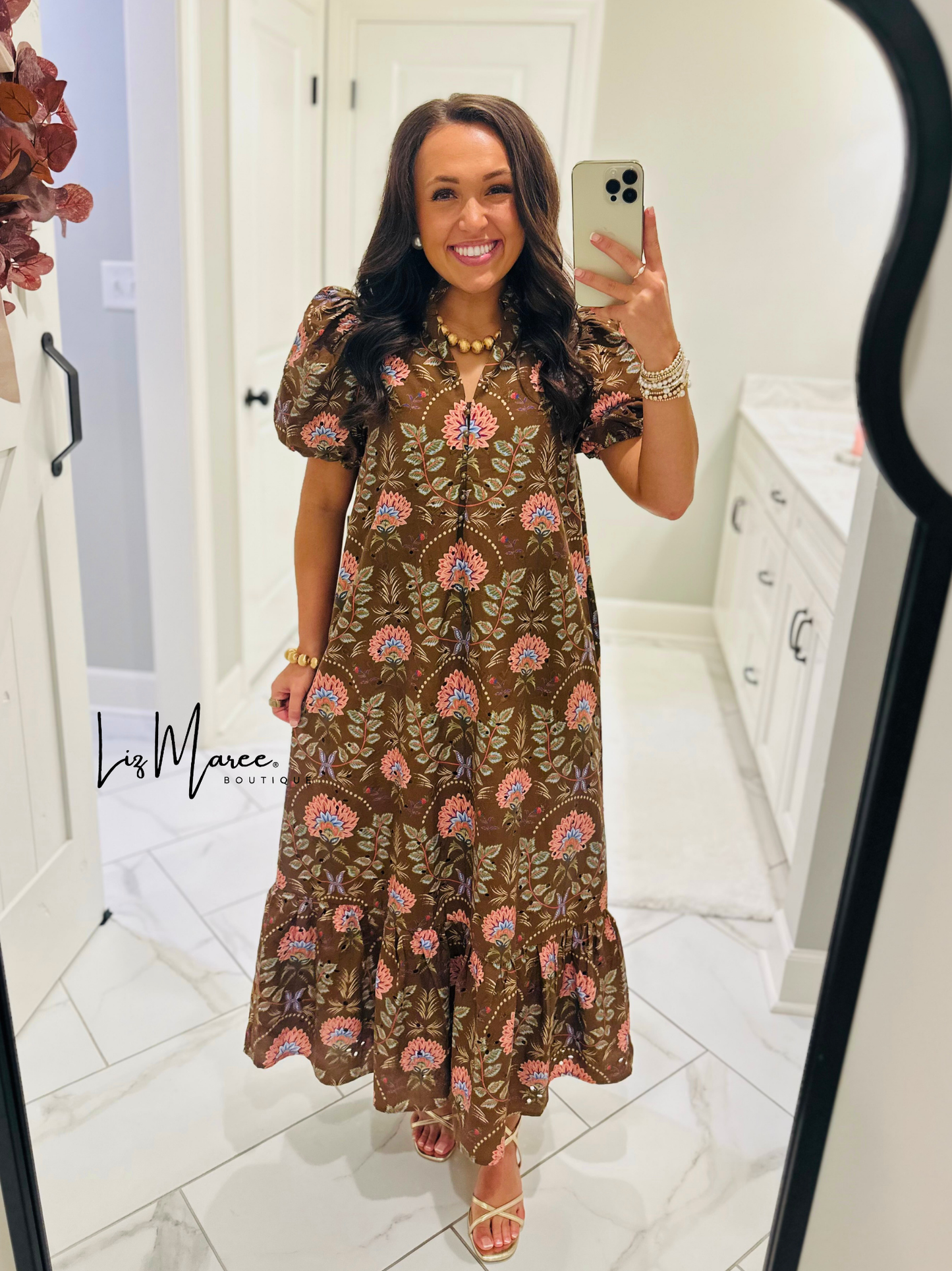 The Katherine Brown Floral Eyelet Midi Dress