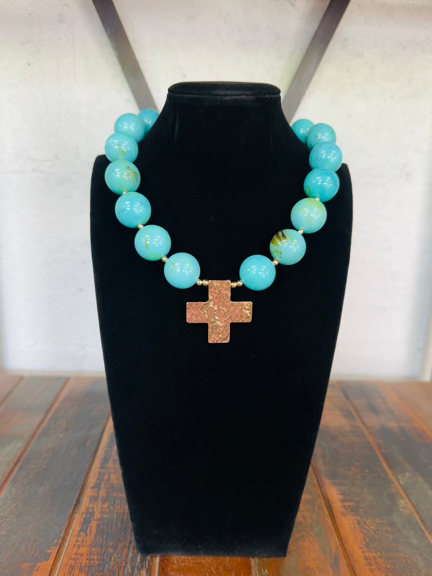 Turquoise + Gold Cross Pendant Marble Ball Necklace
