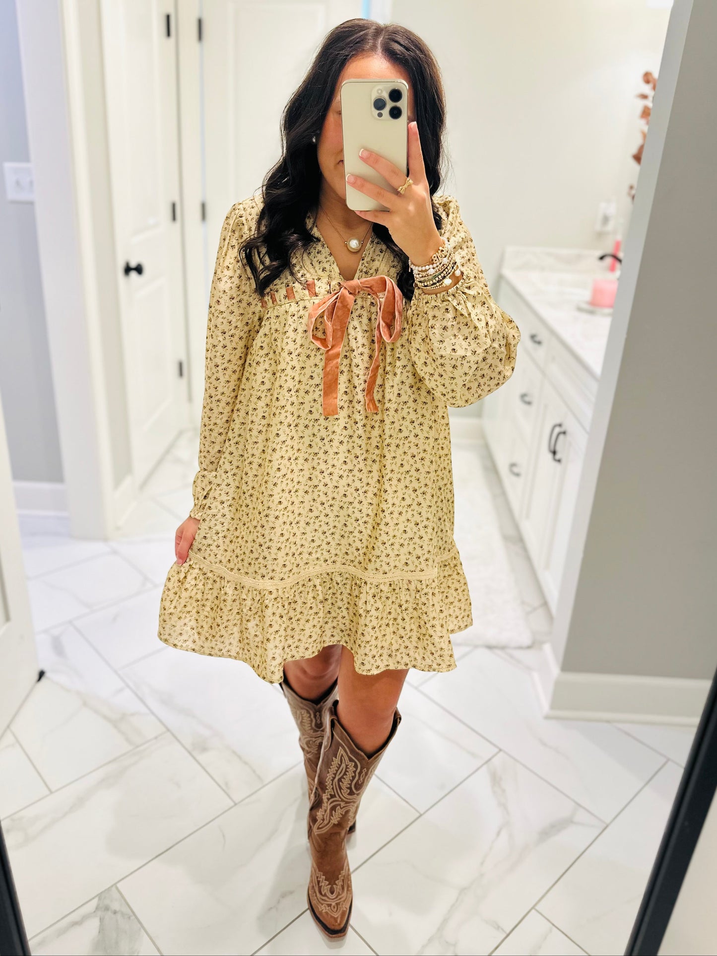 The Rhea Cream Floral Long Sleeve Bow Detail Dress