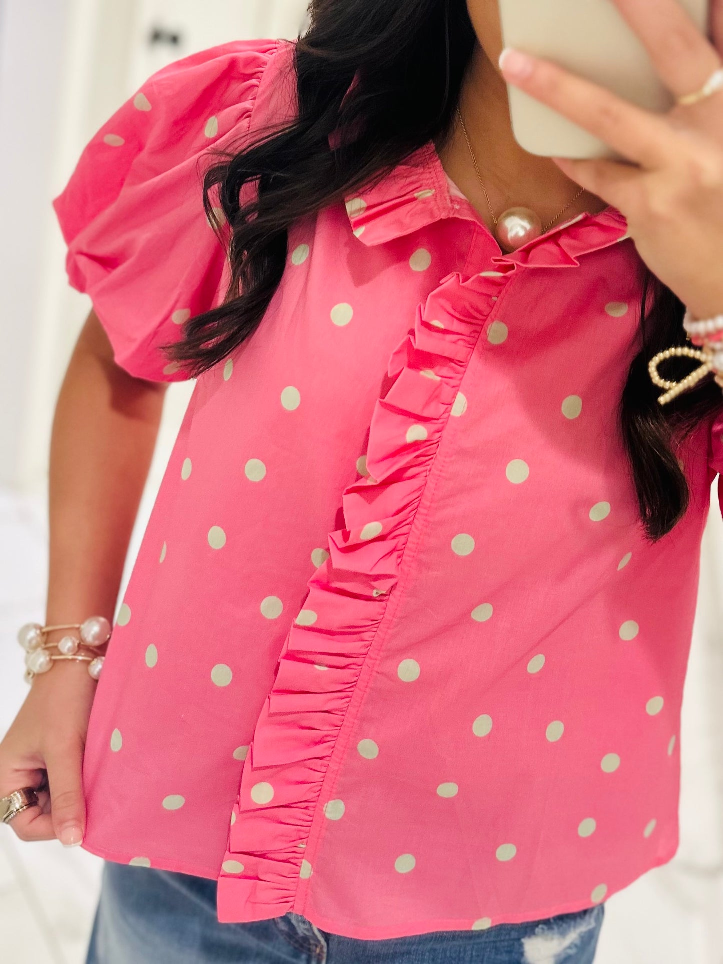 The June Pink + Green Polka Dot Top