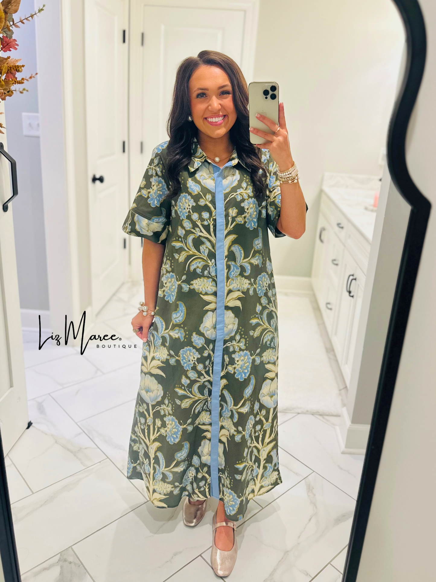 The Evie Olive Green + Blue Floral Midi Dress