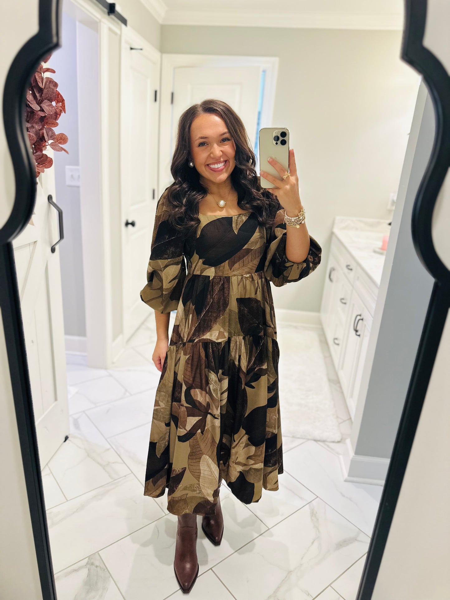 The Loretta Mocha Leaf Midi Dress