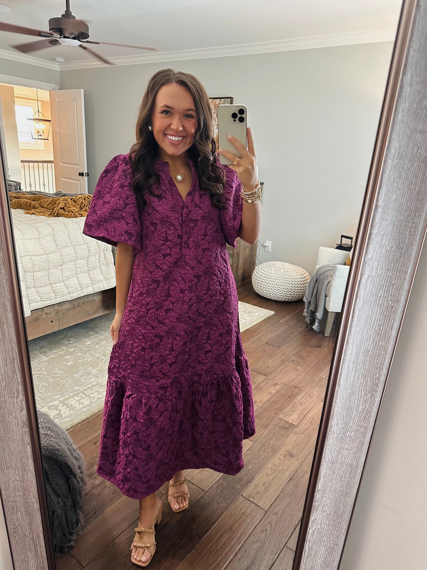 The Ada Plum Jacquard Floral Midi Dress