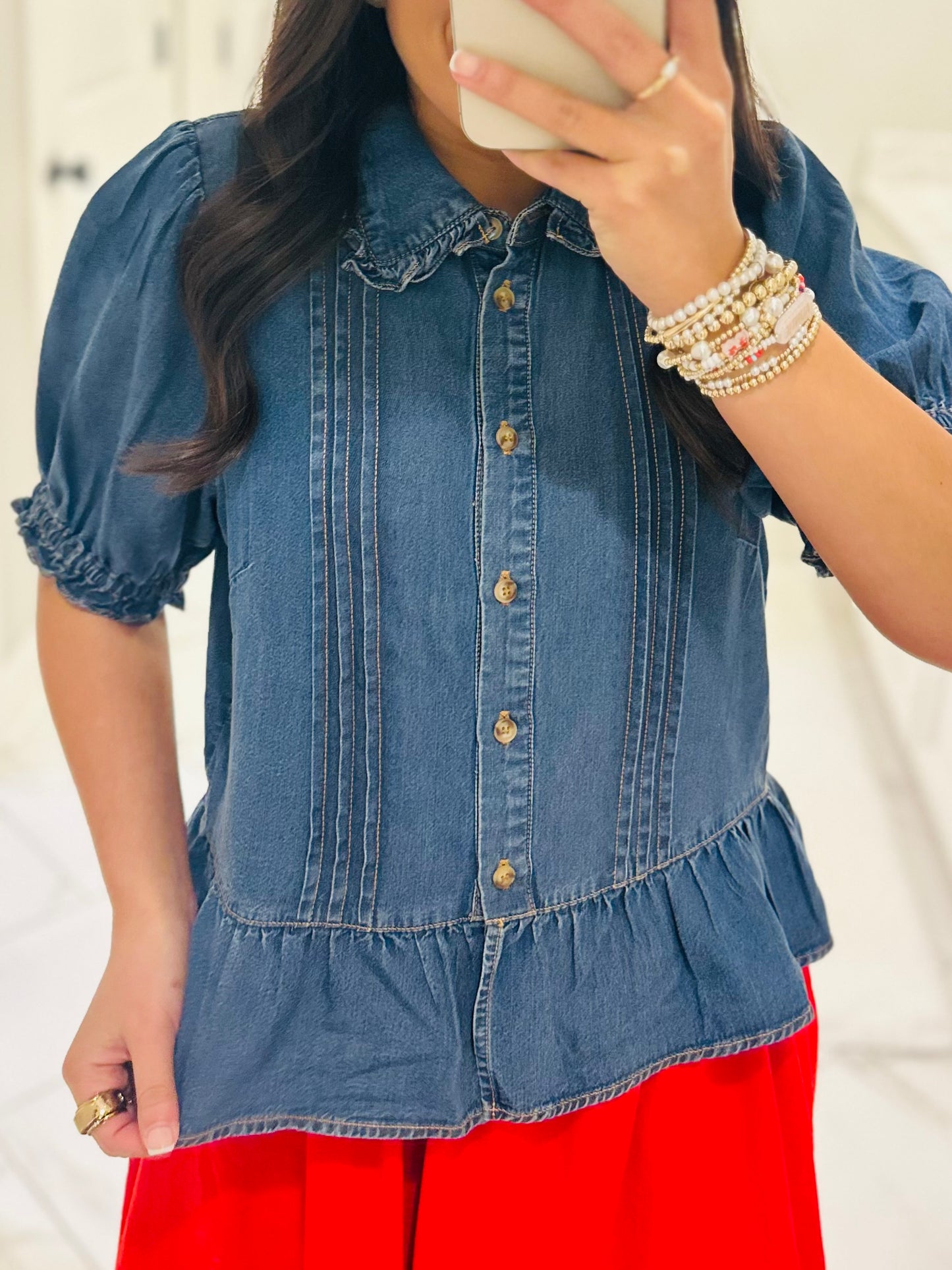 The Delilah Denim Ruffle Top