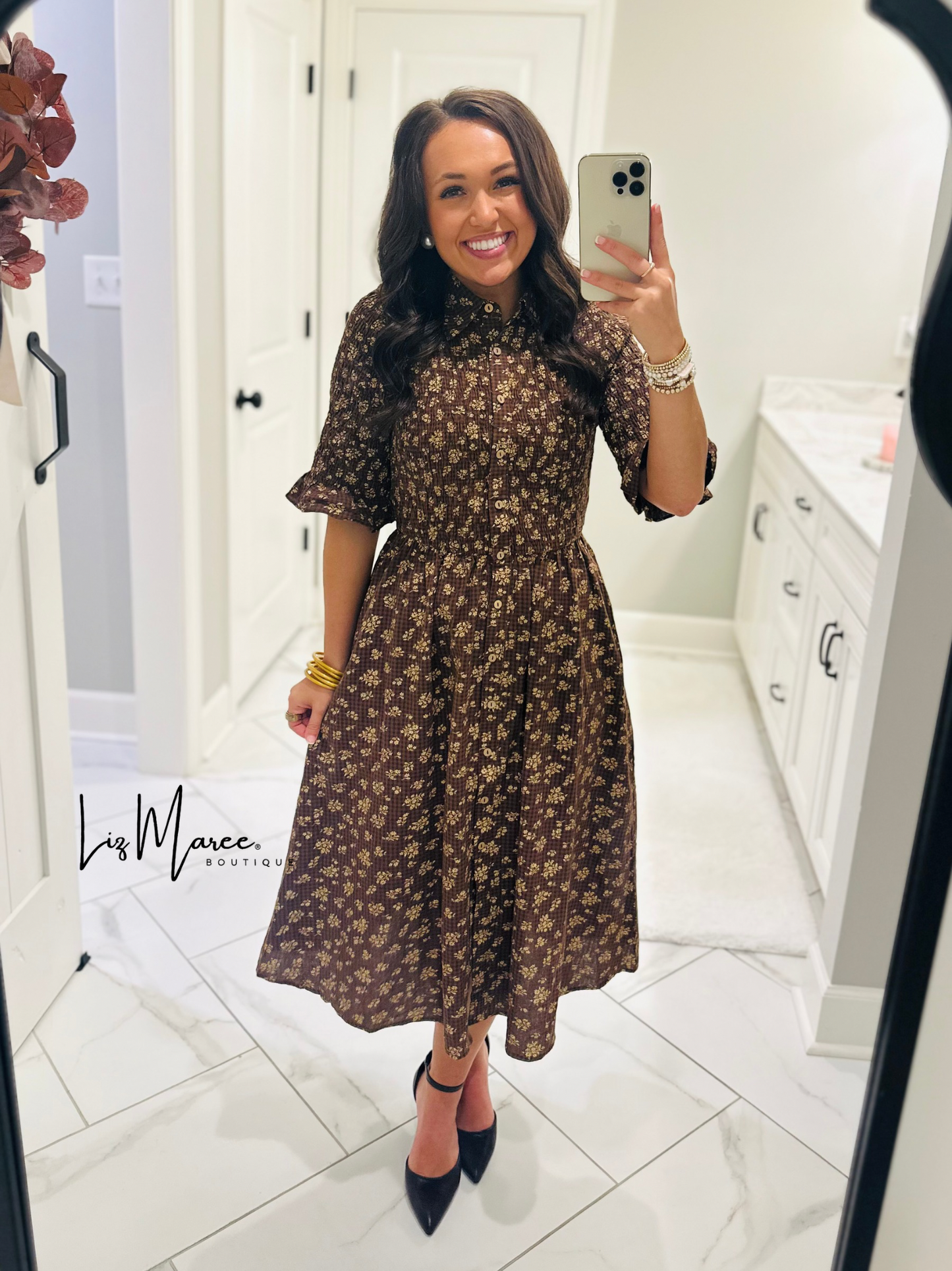 The Lara Mocha Brown Floral Midi Dress